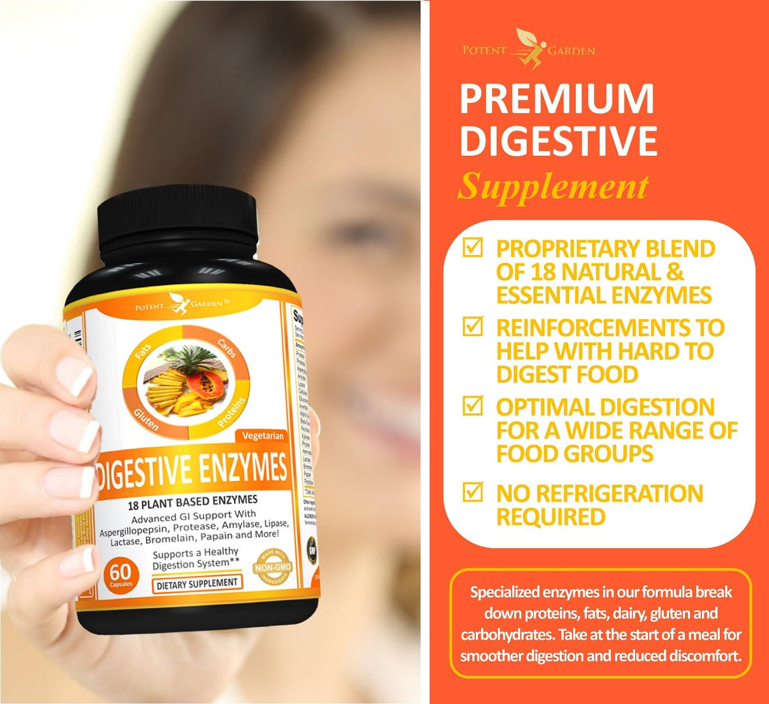 Potent Garden Digestive Enzymes -18 Plant Based Enzymes with amylase lipase bromelain Protease lactase & Other Enzymes - One Pre Meal Pill Supports Healthy Digestion & Nutrient Absorption 60 Caps