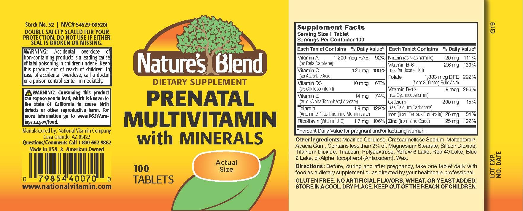 Nature's Blend Prenatal Formula Multivitamin 100 Tabs (1AA26)