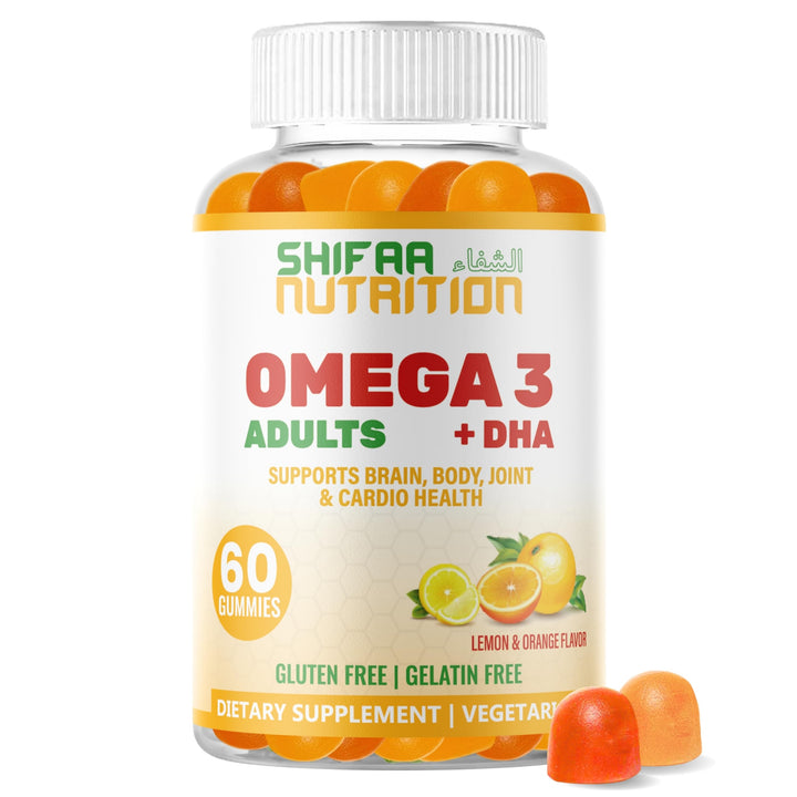 SHIFAA NUTRITION Vegan Omega 3 Gummies for Adults | No Fish Oil Burps | 60 Gummies | Plant Based w/Chia Oil, Algae | Omega 3 6 9 w/DHA, Vitamin C | for Brain, Cardiovascular & Immune Support Halal
