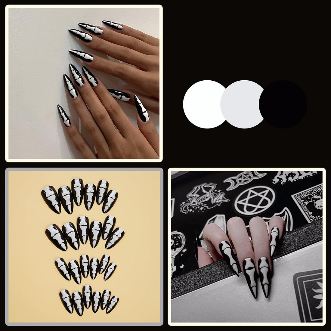 24 Pcs Almond Press on Nails Long Stiletto Fake Nails with Glue Black False Nails with Skeleton Palm Design Acrylic Nails Press ons Halloween Glue on Nails Artificial Stick on Nails for Women Girls