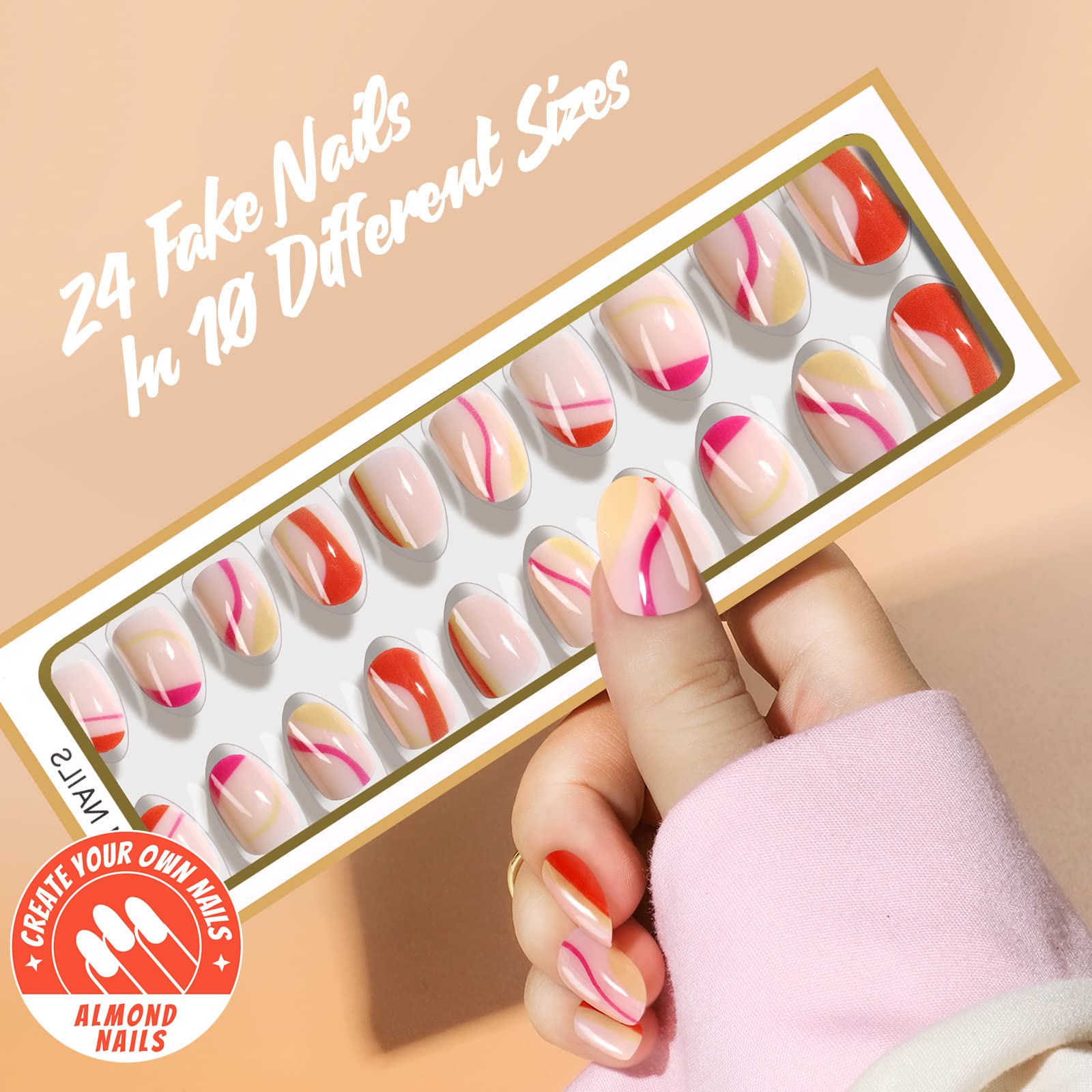 Teenitor Short Oval Nails Red Abstract Swirl Press On Nails Cute Designs Glue On Nails, Oval Short Press On Nails With Designs, 24pcs Reusable Short Acrylic Fake Nails with Glue