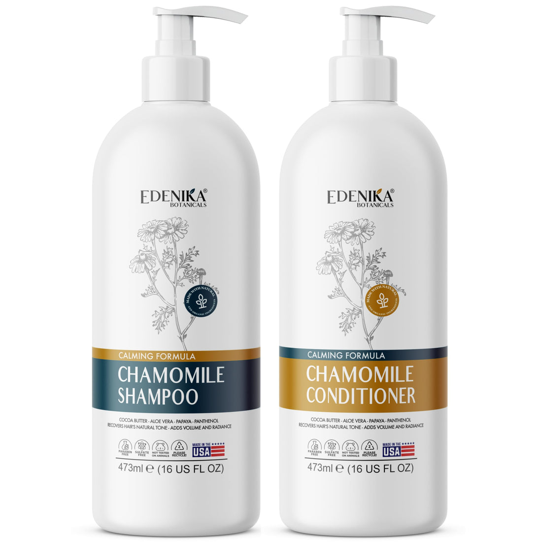 Edenika Botanicals Chamomile Shampoo and Conditioner Set, Calming Formula with Certified Organic and Natural Ingredients Intense Nourishment Makes Hair Feel Soft and Smooth 16oz Each