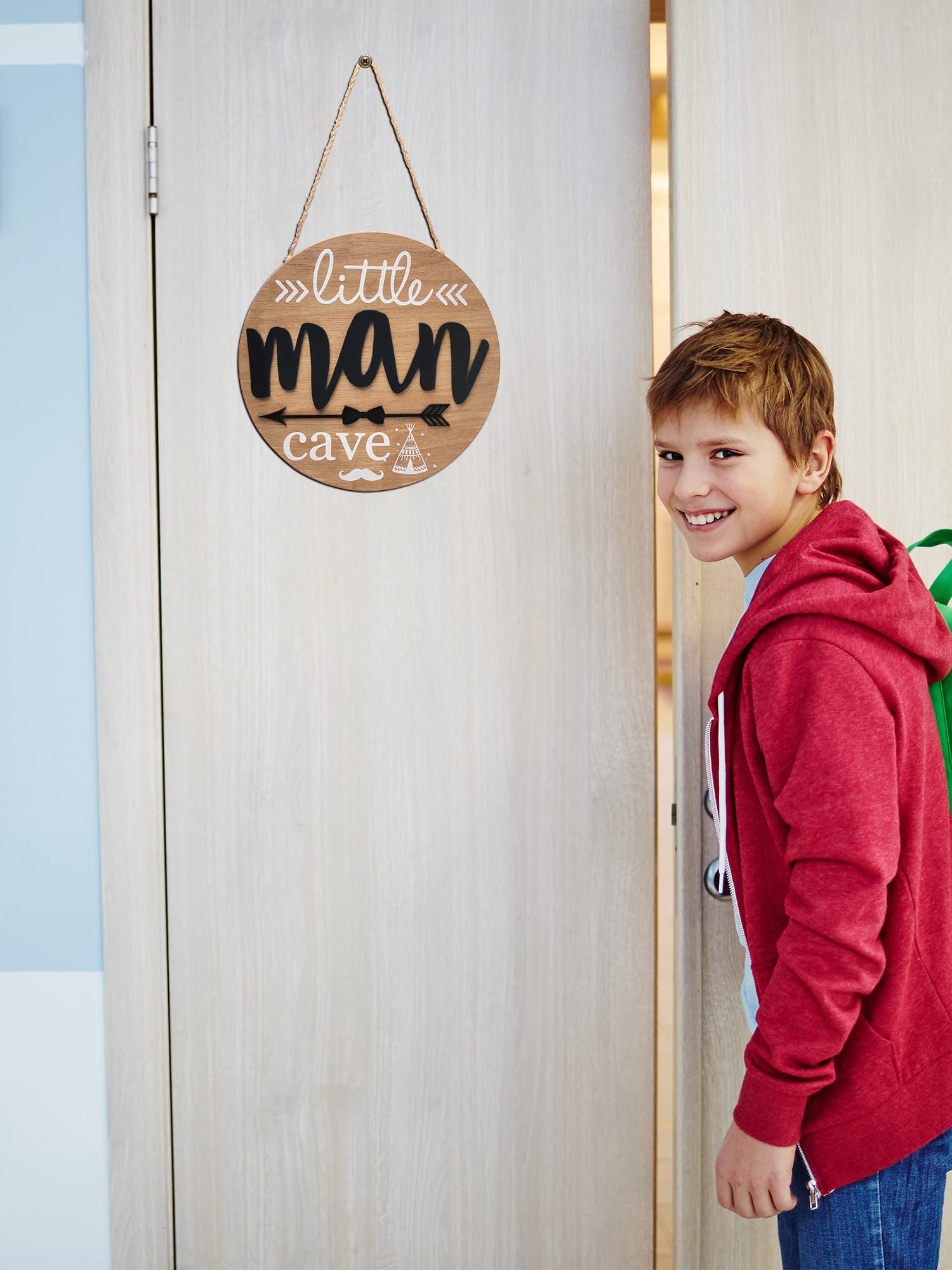 Little Man Cave Boys Baby Toddler Room Decor Wooden Circle Door Sign for Hanging Woodland Nursery Decor Little Boy Kids Bedroom Living Room Wall Decor