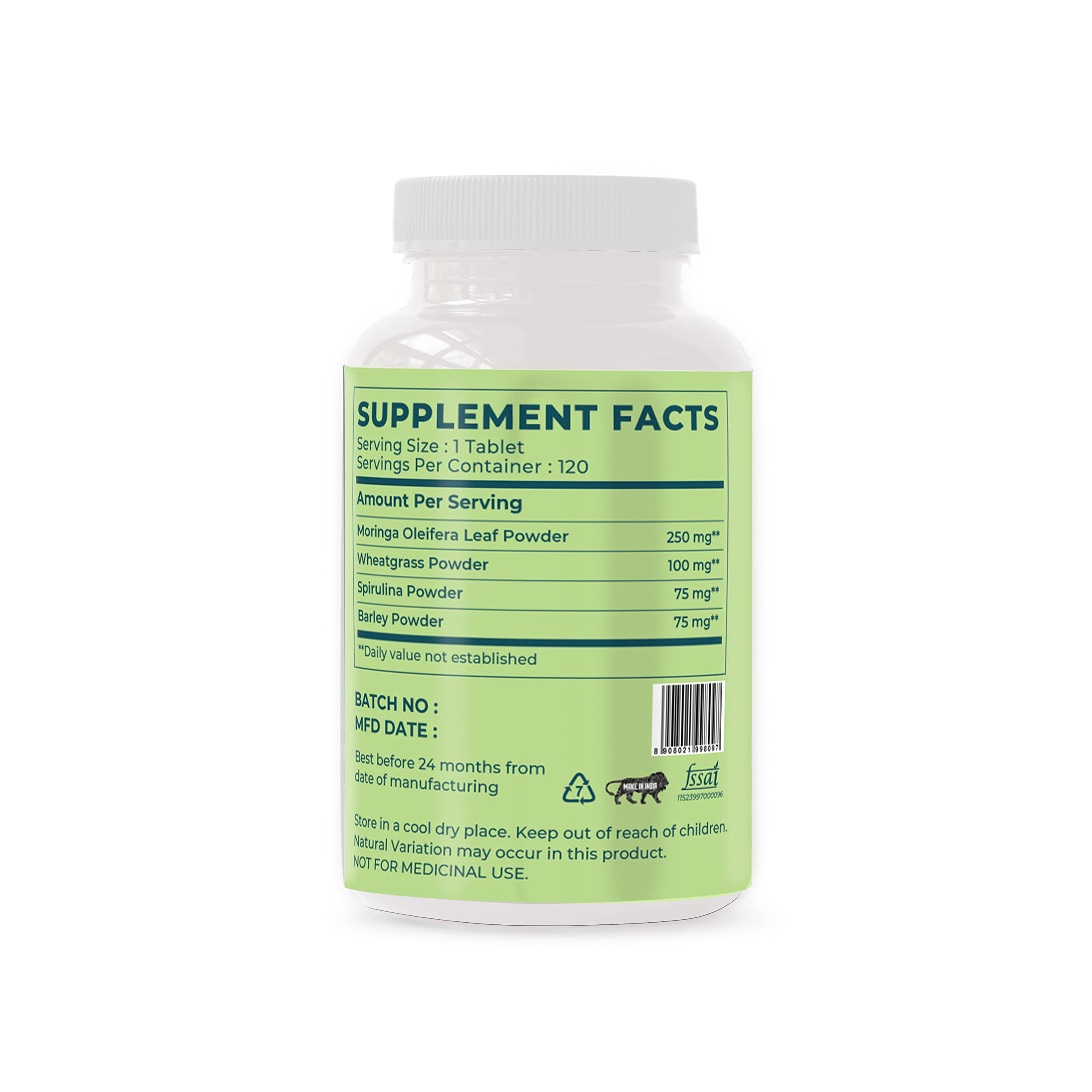 SAPTAMVEDA Natural Supergreen 120 Tablets | Multivitamin, Contains Moringa, Wheatgrass, Spirulina & Barely Grass