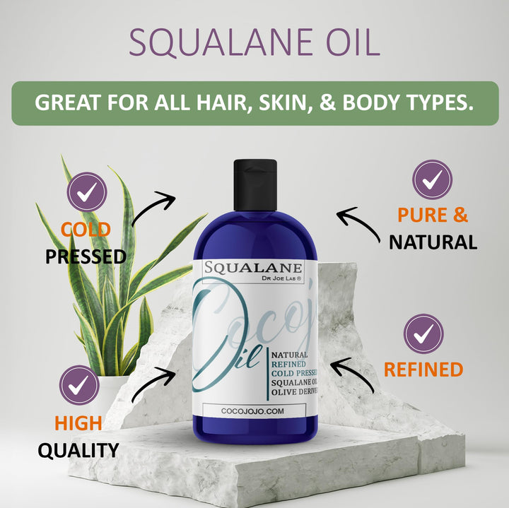 Dr Joe Lab Squalane Oil Pure Plant Derived Refined Cold Pressed Squalene From Olives Vegan Undiluted Bulk Carrier Oil for Face Skin Hair Body Cosmetics Natural Cleanser Moisturizer (8 oz)