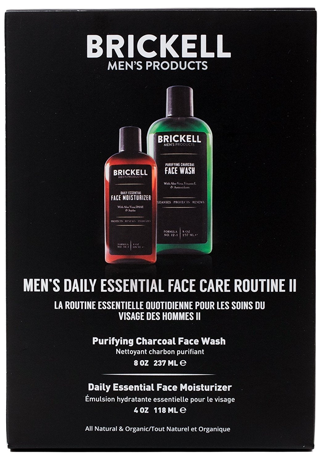 Brickell Men's Daily Essential Face Care Routine II - Face Moisturizer Lotion & Activated Charcoal Facial Cleanser Wash - Natural & Organic