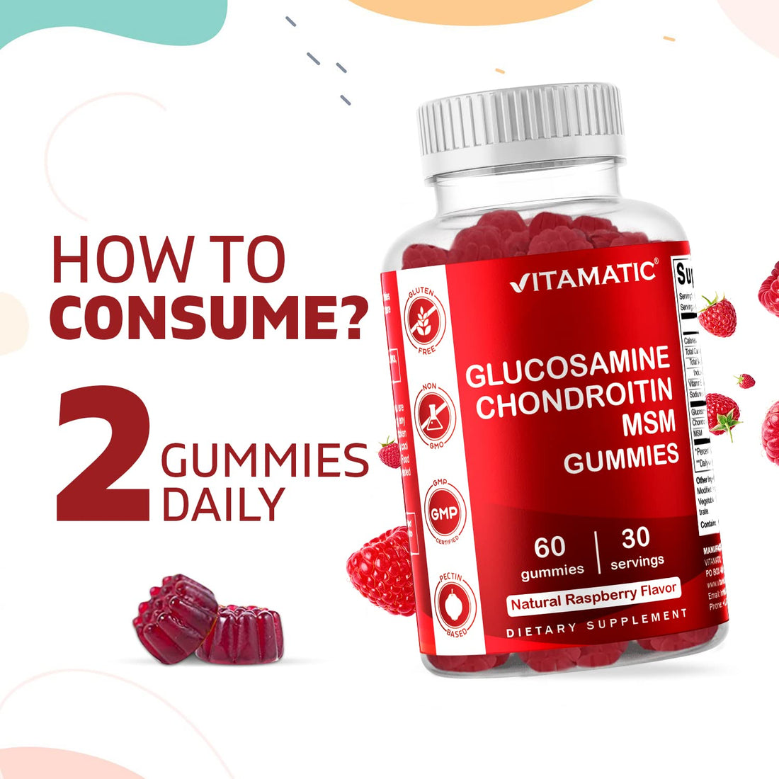 Vitamatic 2 Pack Glucosamine Chondroitin Gummies with MSM & Vitamin E - Joint Support - 60 Pectin Based Gummies