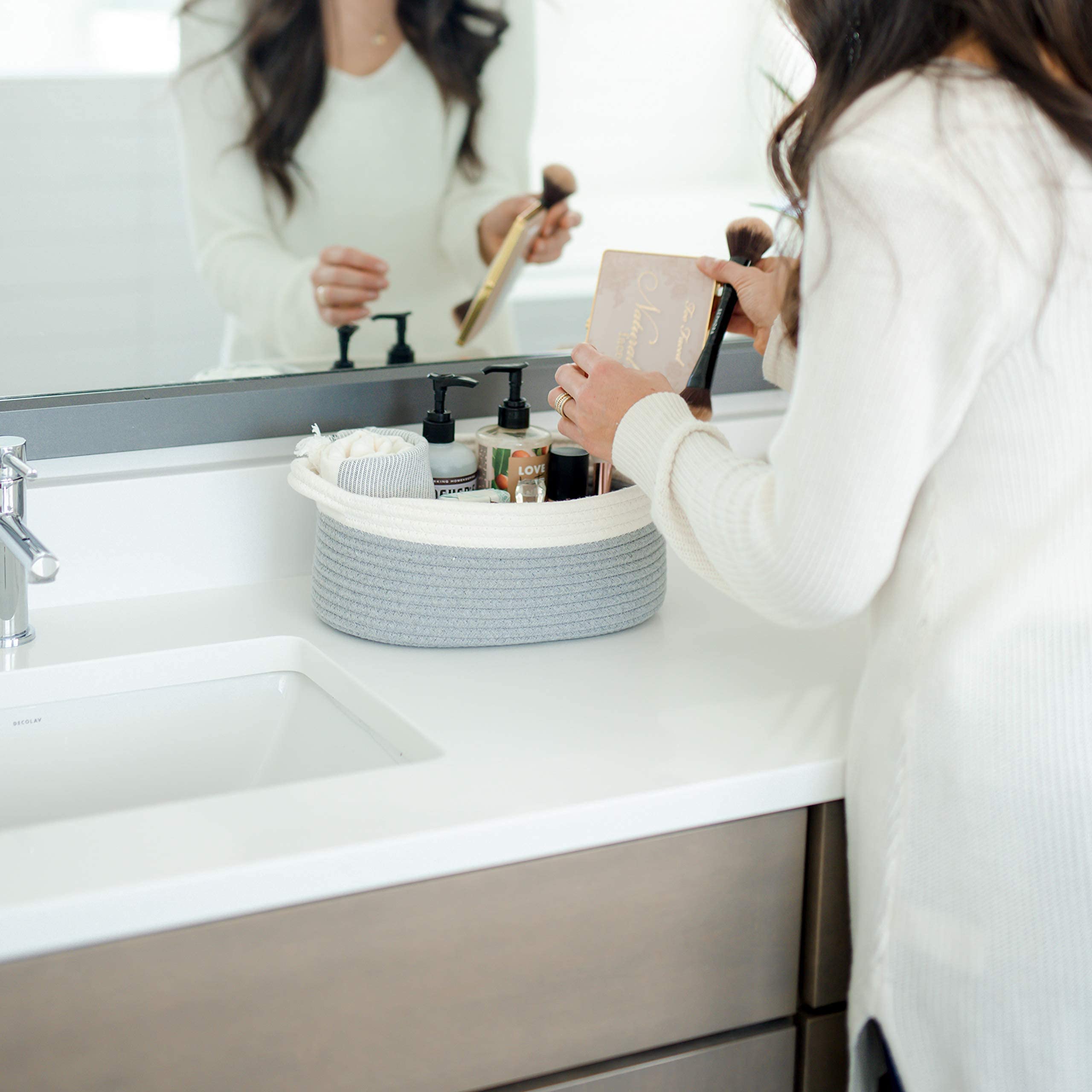 NaturalCozy 3-Piece Oval Storage Basket Set– Soft Natural Rope Woven Baskets for Storage Shelf, Toy, Nursery, Gift, Baby Shower, Pets Cat Dog Bins | Small Basket for Organizing (Off White & Gray)