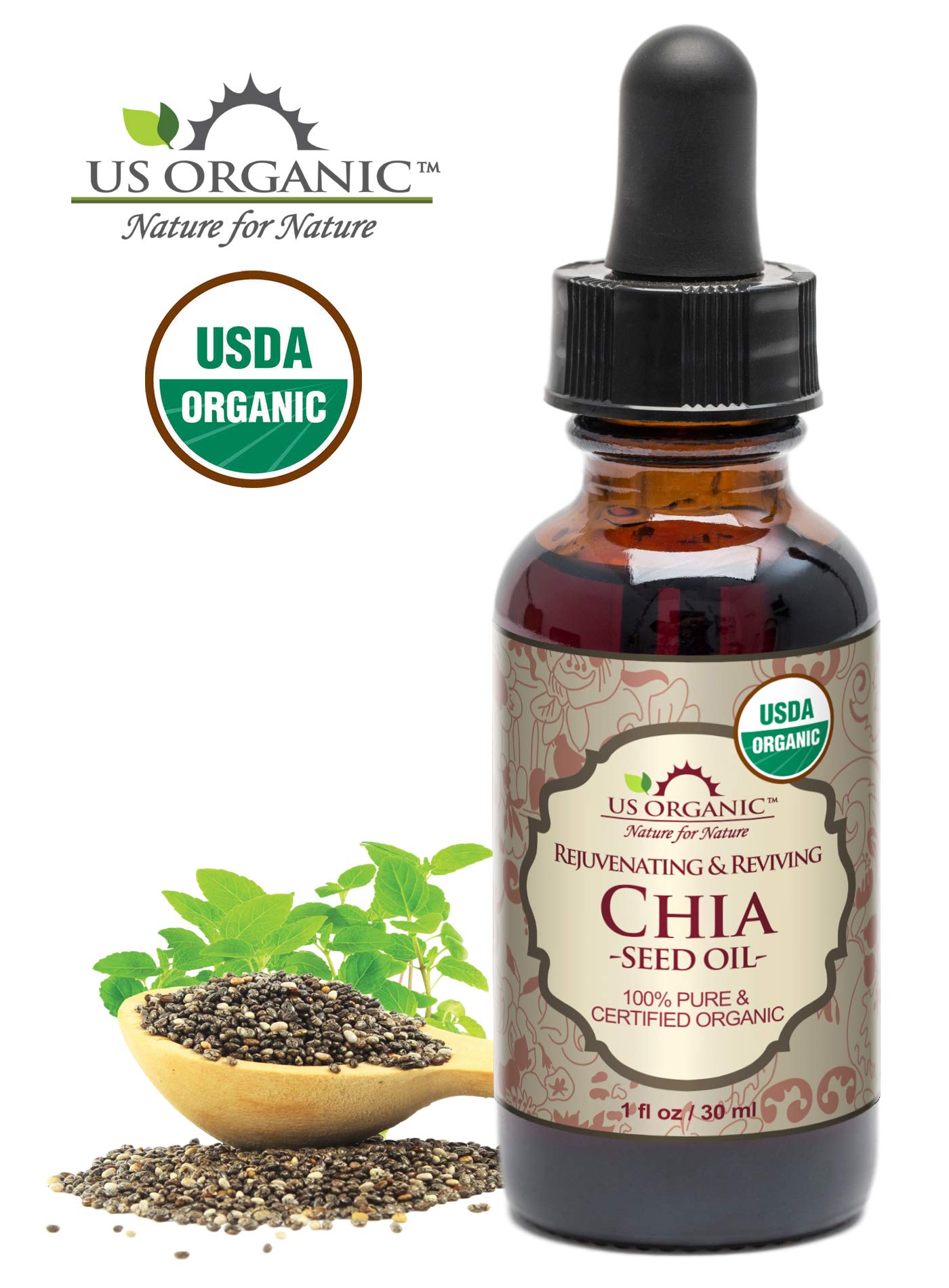 US Organic Chia Seed Oil, USDA Certified Organic,100% Pure & Natural, Cold Pressed Virgin, Unrefined in Amber Glass Bottle w/Glass Eyedropper for Easy Application (1 oz (30 ml))