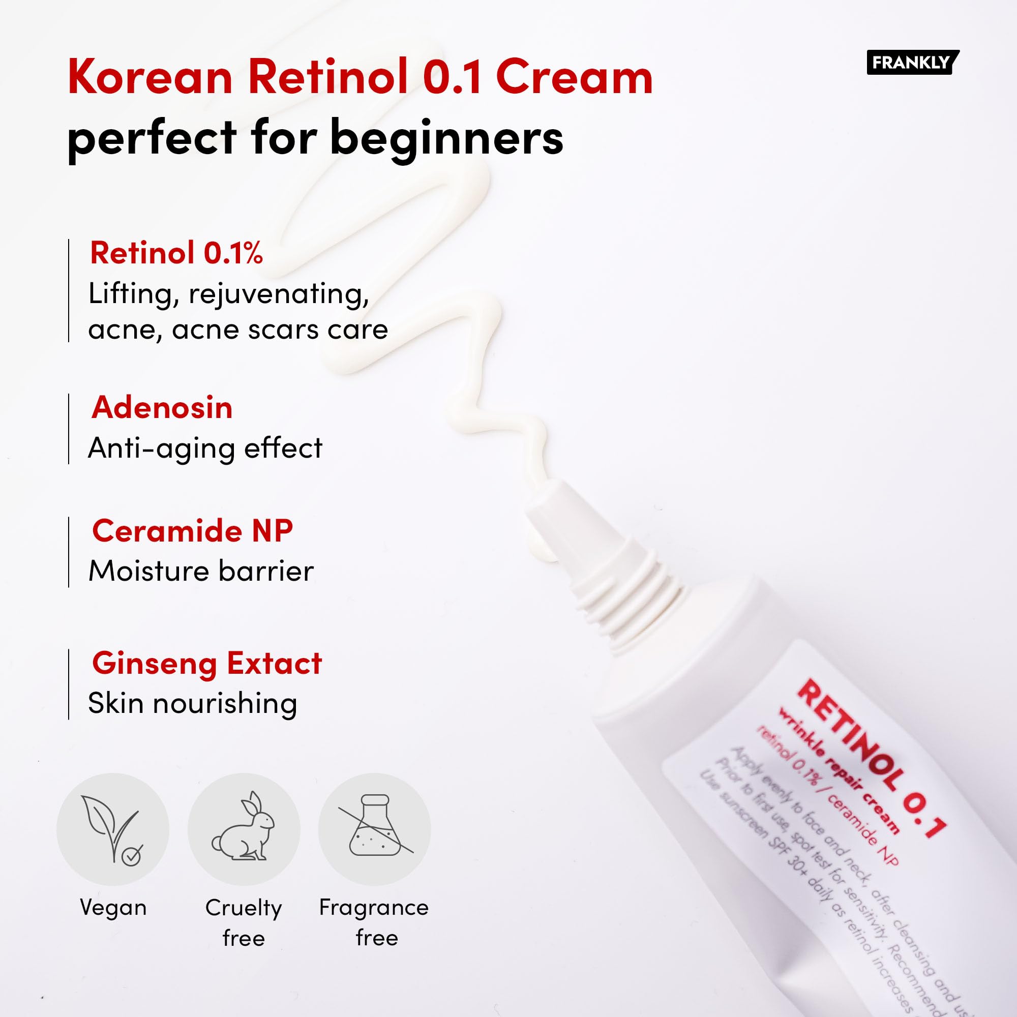 FRANKLY Retinol 0.1% Cream, 1.01 fl oz - Beginner Retinol | Night Cream | with Ceramides & Natural Ginseng | Anti-aging, Wrinkles Care, Reduces Congestion and hyperpigmentation | Korean Skin Care