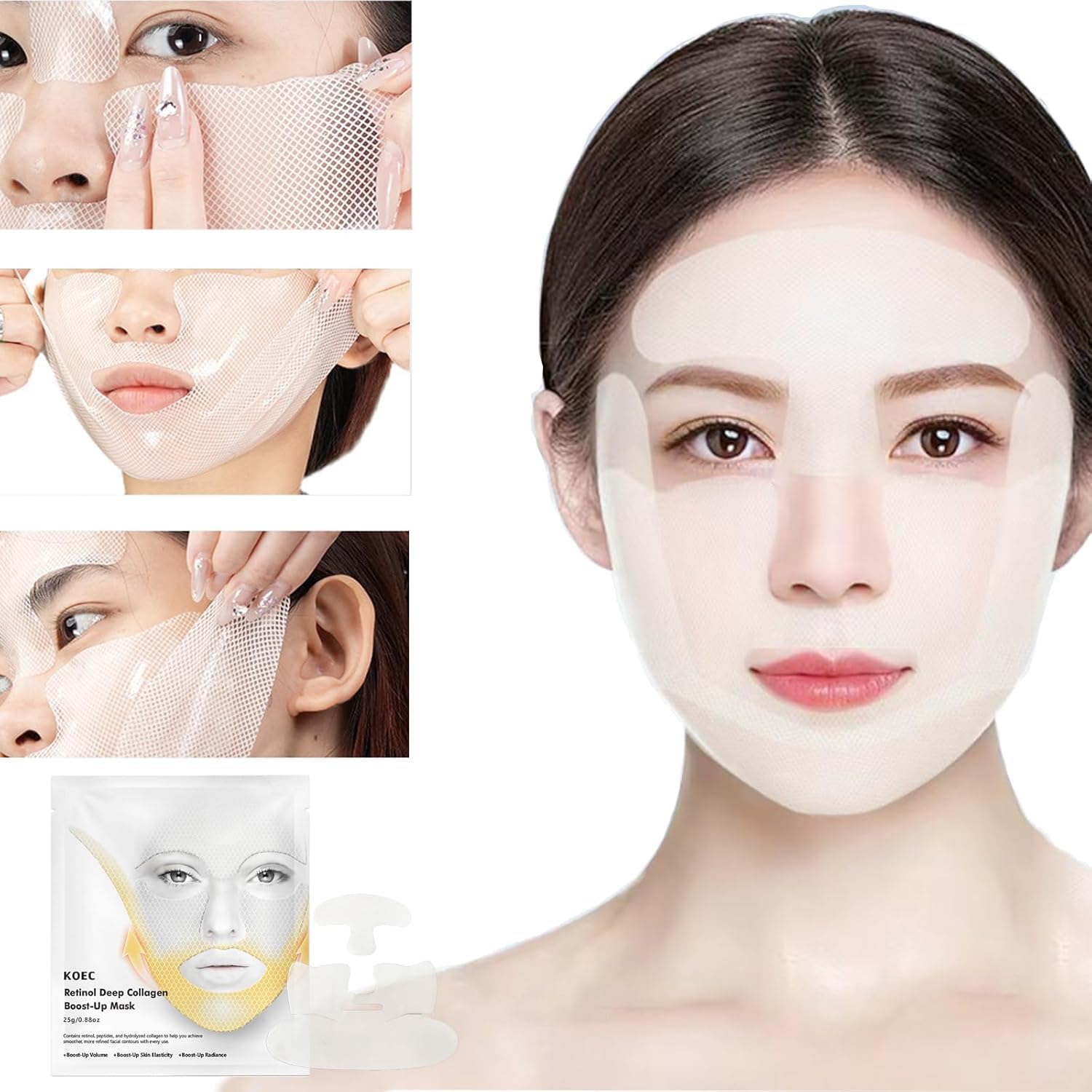 Deep Collagen Retinol Face Mask 4pcs - Instant V-Line Lifting & Tightening Mask for Wrinkles | Anti-Aging Sheet Mask with Collagen + Retinol | Korean Skincare for Smile Lines & Forehead