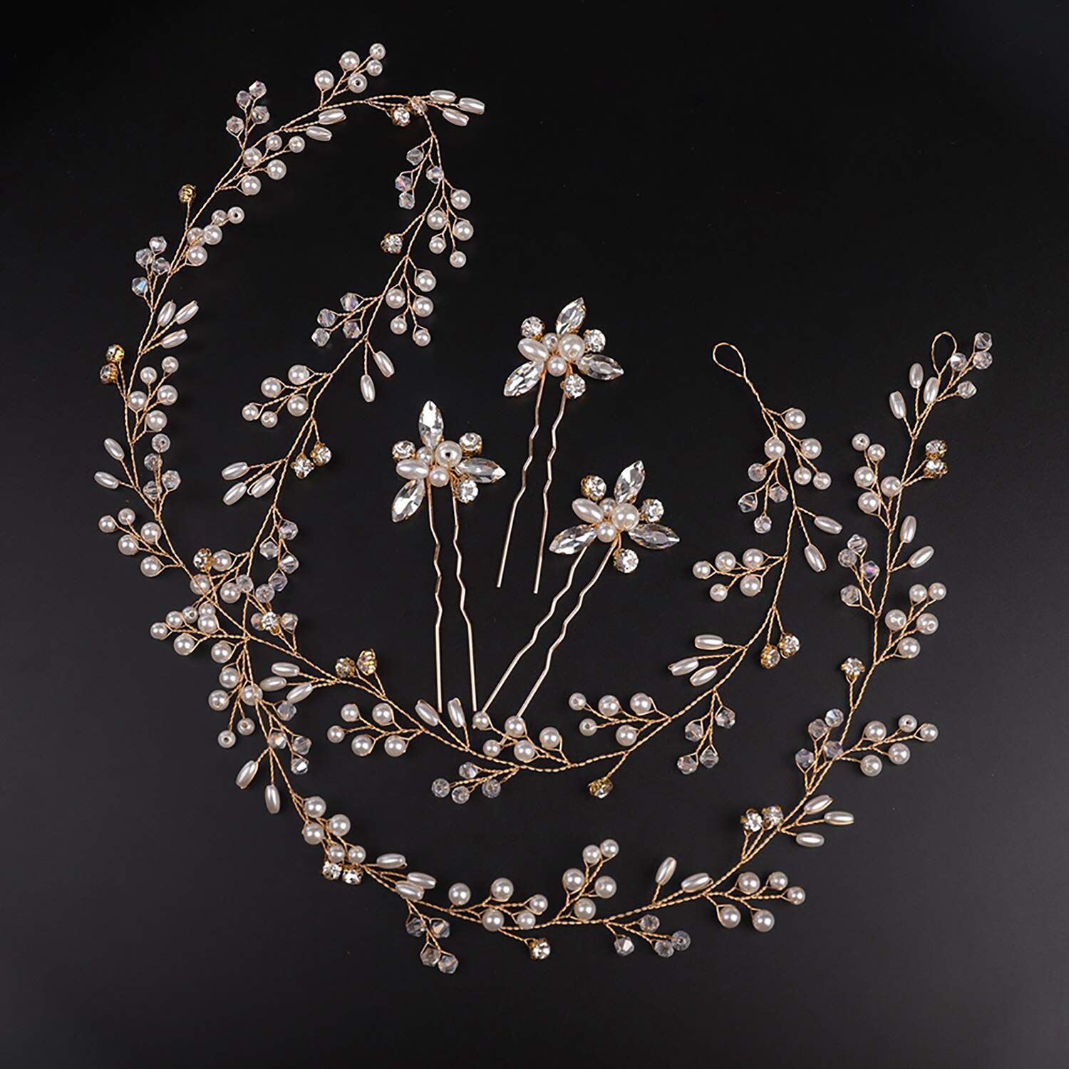 Deniferymakeup Bridal Rose Gold and Gold Silver Extra Long Pearl and Crystal Beads Bridal Hair Vine Wedding Head Piece Bridal Hair Accessories Headband Hair Jewelry Hair Accessories (Gold)