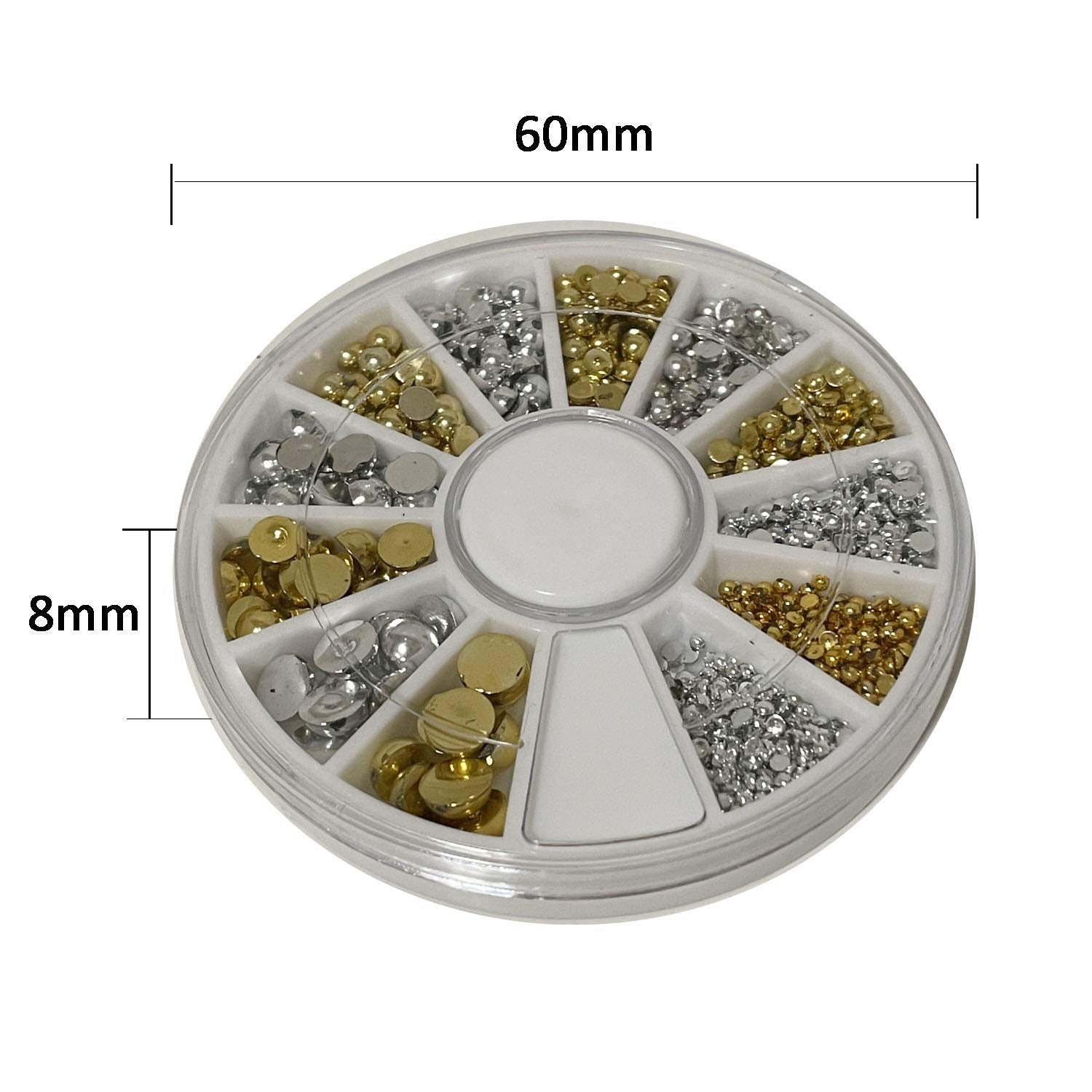 Eft 500pcs Mixed Sizes Silver& Gold Punk Half Round Acrylic Rhinestones Flatback Pearls Beads Nail Art Decoration W/Wheel