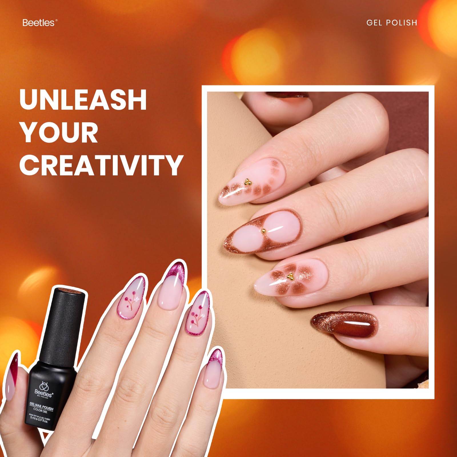 Beetles Fall Gel Nail Polish Set – Opulent Glow Cat Eye Gel Polish, 20 Colors Red Orange Yellow Glitter Brown, Soak Off UV LED with Base Glossy Matte Top Coat for DIY Manicure Gift for Women