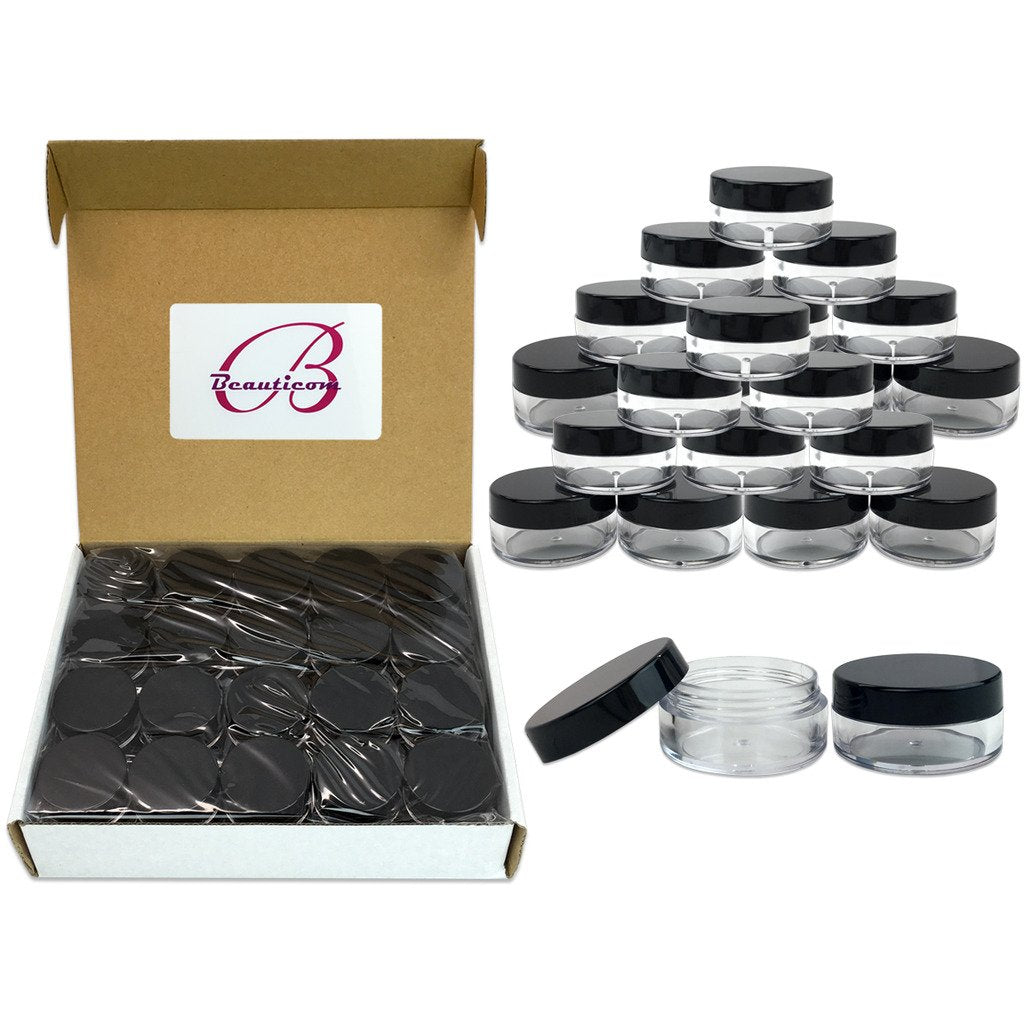 (Quantity: 100 Pieces) Beauticom® 10G/10ML High Quality Round Clear Jars with Black Lids for Scrubs, Oils, Salves, Creams, Lotions - BPA Free