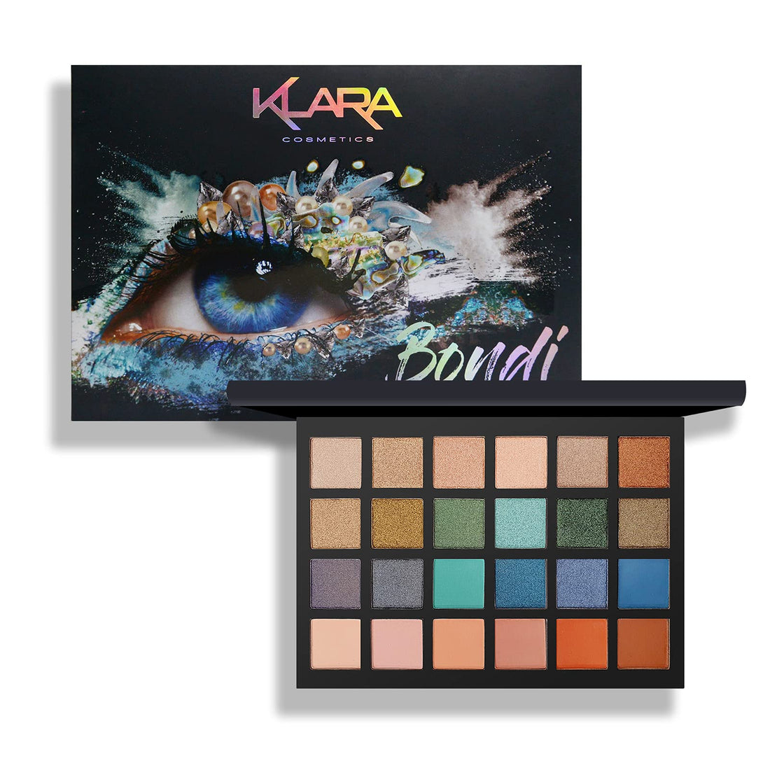 Klara Cosmetics 24 Shades Eyeshadow Palette festive luxury matte shimmer vibrant cool bold full color pigment long lasting collection, Bondi