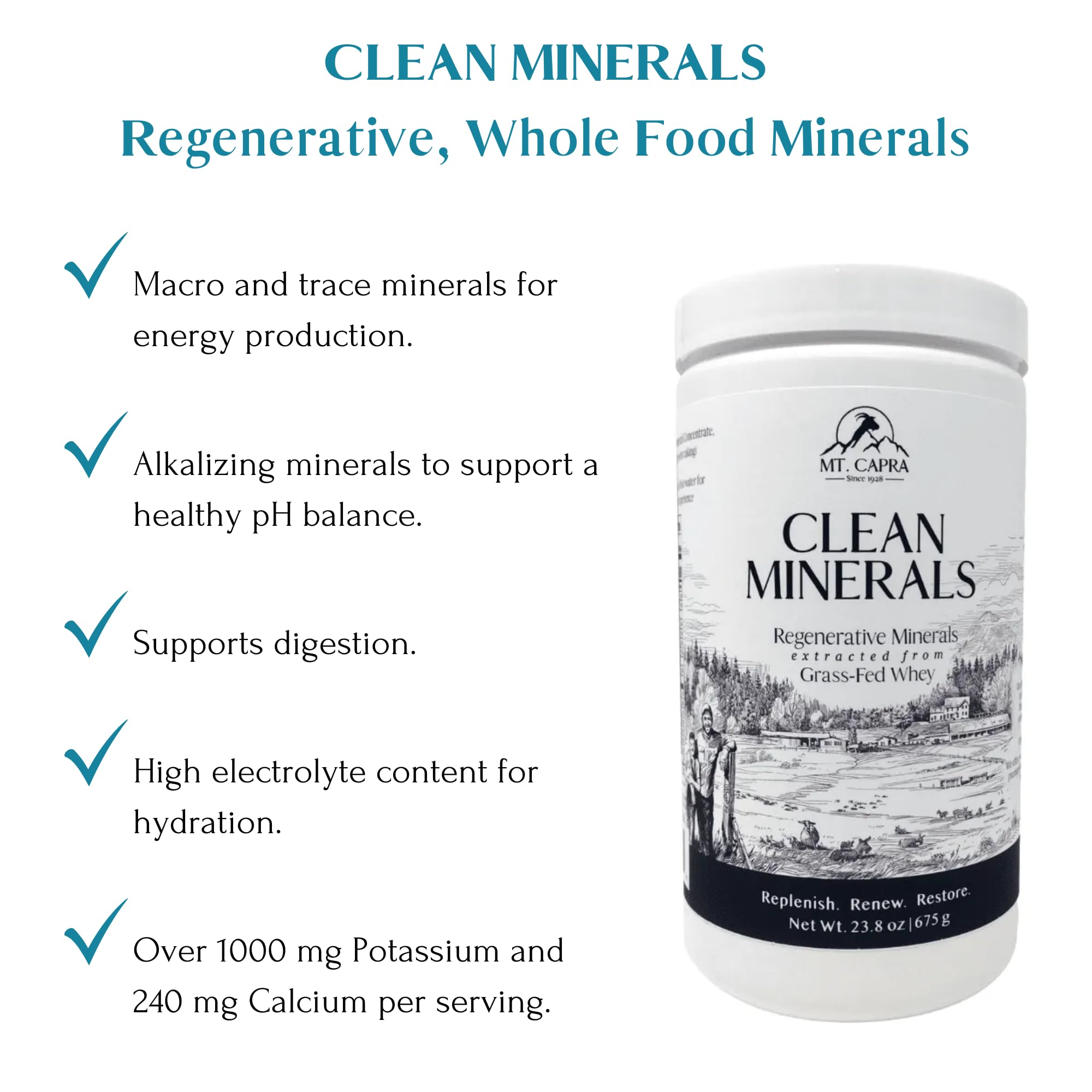 Mt. Capra Clean Minerals | Regenerative Minerals Extracted from Grass-Fed Goat Whey, Over 1000 mg Potassium, 240 mg Calcium, Multimineral, Bioavailable, Easy to Digest | 30 Servings - 23.8 oz