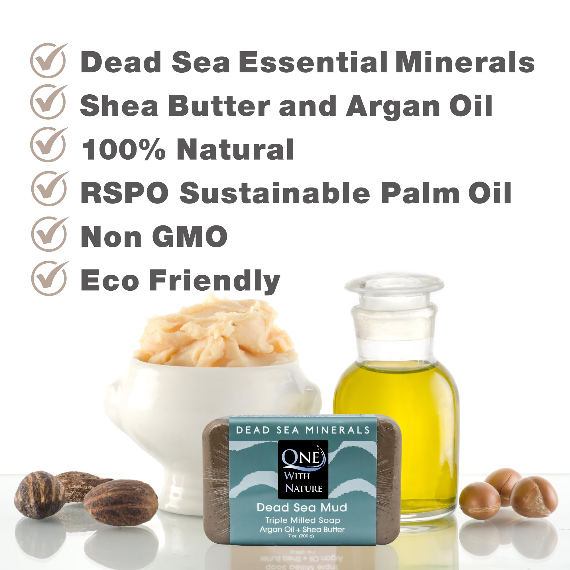 One With Nature 4oz Bar Variety 3Pk-Mud, Activated Charcoal, and Dead Sea Mineral Soap with Argan Oil & Shea Butter - Dead Sea Salt Contains Magnesium, Sulfur & 21 Essential Minerals - Acne, Eczema