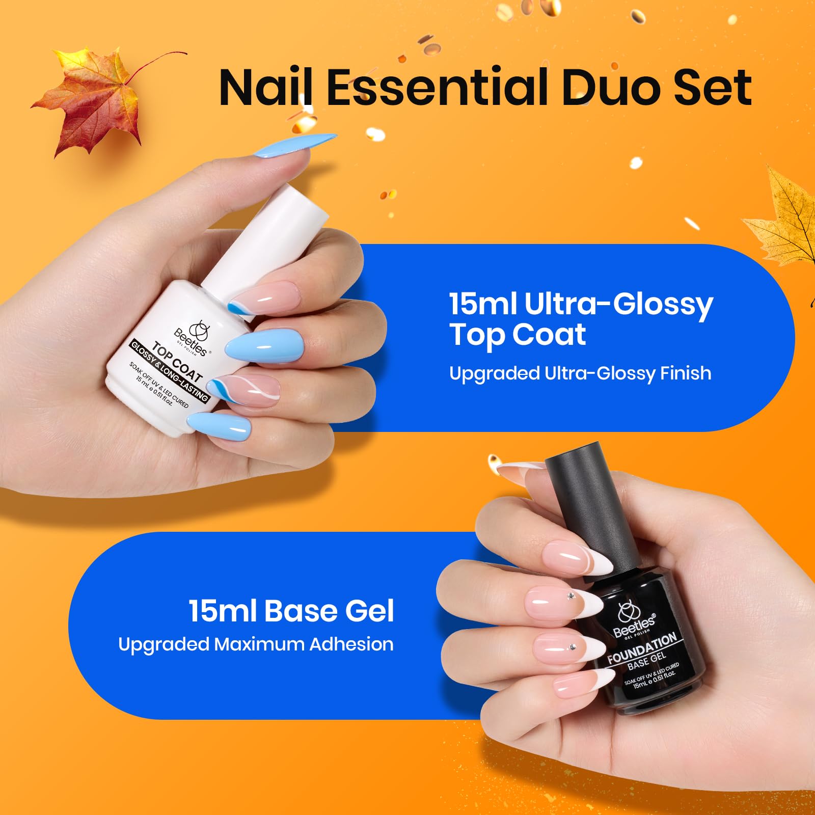 Beetles 2Pcs 15ml Base and Top Coat Set - Upgrade No Wipe Extra Glossy Gel Top Coat Finish, Soak Off UV LED Gel Polish Essentials for Long-Lasting Manicure Halloween Kit