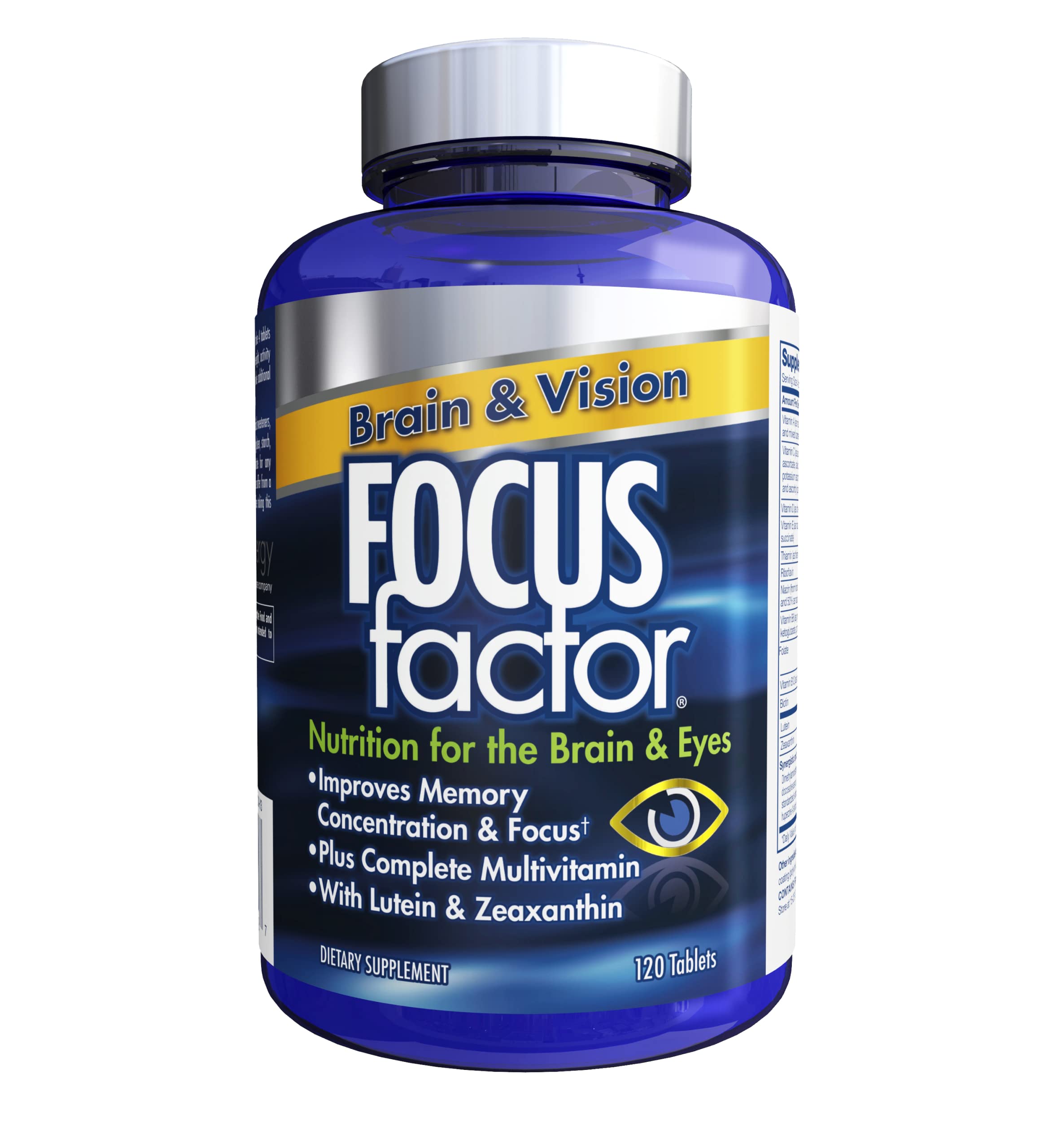 Focus Factor Adults Brain and Vision Supplement, 120 Count - Eye Vitamin, Mineral Supplement & Complete Multivitamin w/Lutein & Zeaxanthin – Brain Supplement for Focus, Concentration, Memory