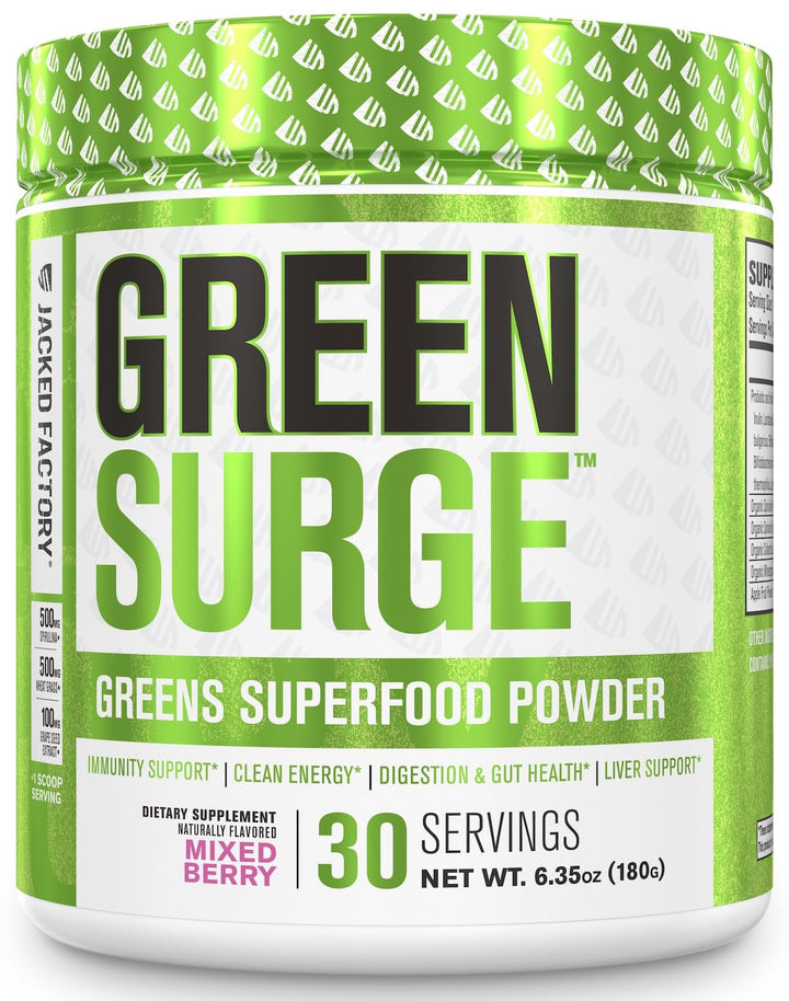 Jacked Factory Green Surge Green Superfood Powder - Keto Friendly Greens Drink w/Spirulina, Wheat & Barley Grass, Organic Greens - Green Tea Extract, Probiotics & Digestive Enzymes - Mixed Berry