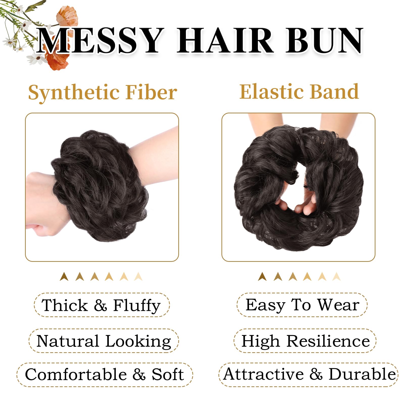 MORICA 1PCS Messy Hair Bun Hair Scrunchies Extension Curly Wavy Messy Synthetic Chignon for Women (4#(Darkest Brown Tend to Black))