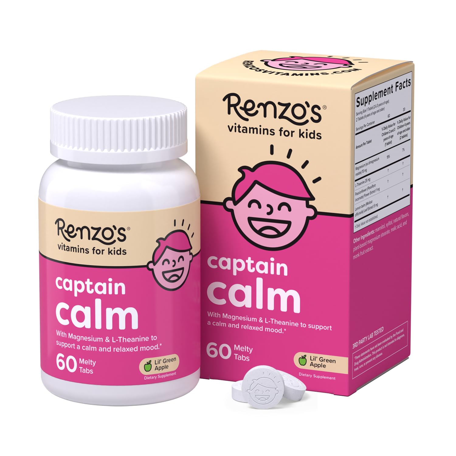 Renzo's Captain Calm, Kids Magnesium Supplement with L-theanine, Dissolvable Kids Vitamins for Relaxation and Mood Support, Sugar-Free Calming Supplement, 60 Green Apple Flavored Melty Tabs