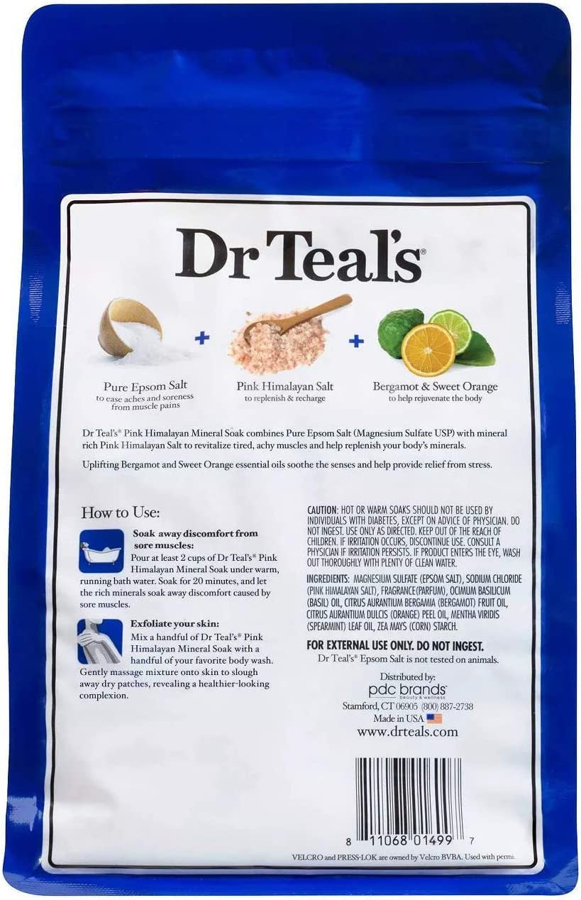 Dr. Teals Pink Himalayan Pure Epsom Salt Soaking Solution (2 Bag, 6lbs Total) - Restore & Replenish with Bergamot & Sweet Orange Essential Oils
