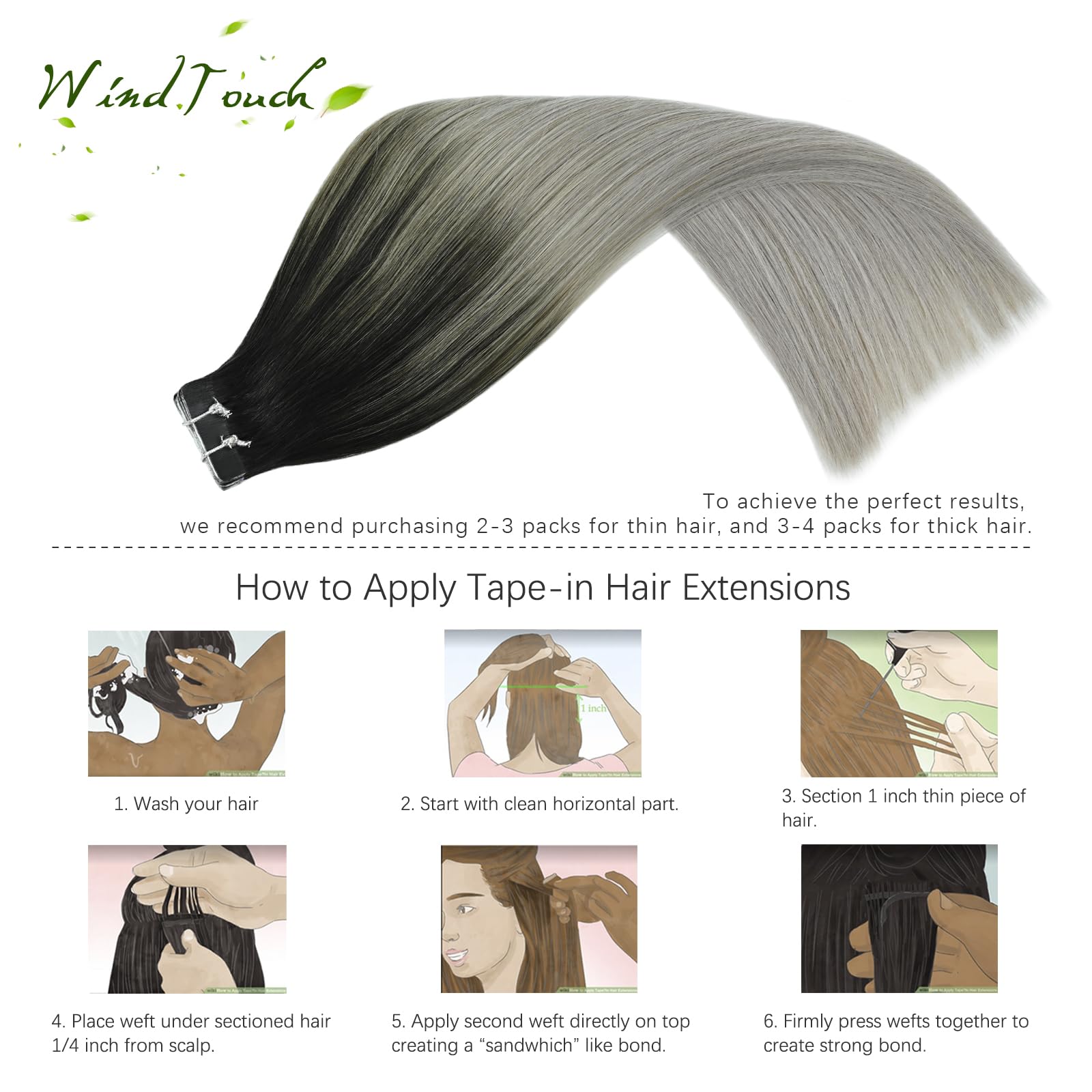 WindTouch Tape In Hair Extensions Human Hair Double Sided Tape Skin Weft Balayage Ombre Hair Natural Black Fading to Silver Ash Blonde Hair Extensions Remy Hair #1btGray 50g 16Inch 20PCS Thick