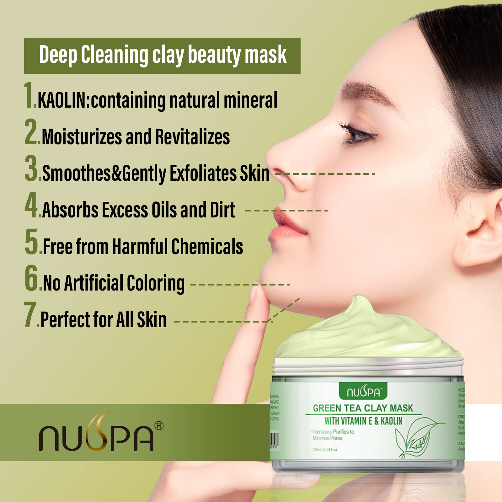 NUSPA Organic Green Tea Clay Face Mask Skincare, Wash Off Repairing Facial Mask,Anti Wrinkle Remove Dark Circle Foot Facial Skin Care Treatmet for Women,Men Daily