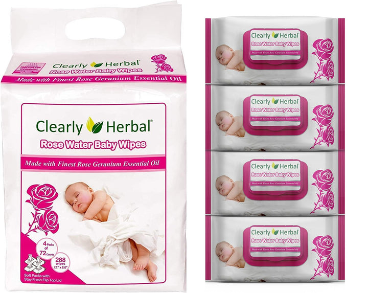 Clearly Herbal Rose Water Gentle Baby Wipes (72 Count X 4 Packs = 288 Wipes)