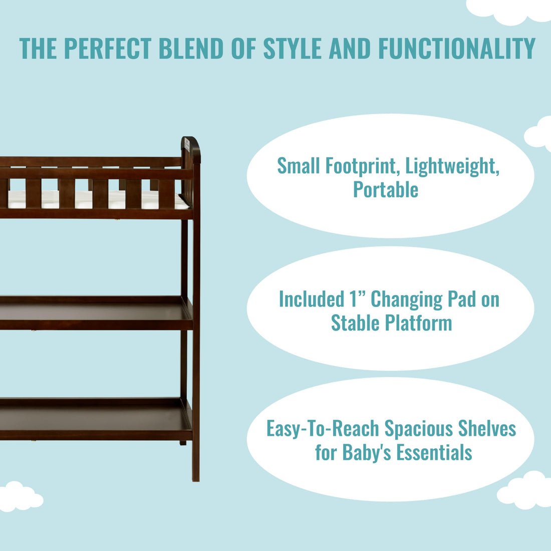 Dream On Me Emily Changing Table In Espresso, Comes With 1 Changing Pad, Features Two Shelves, Portable Changing Station, Made Of Sustainable New Zealand Pinewood