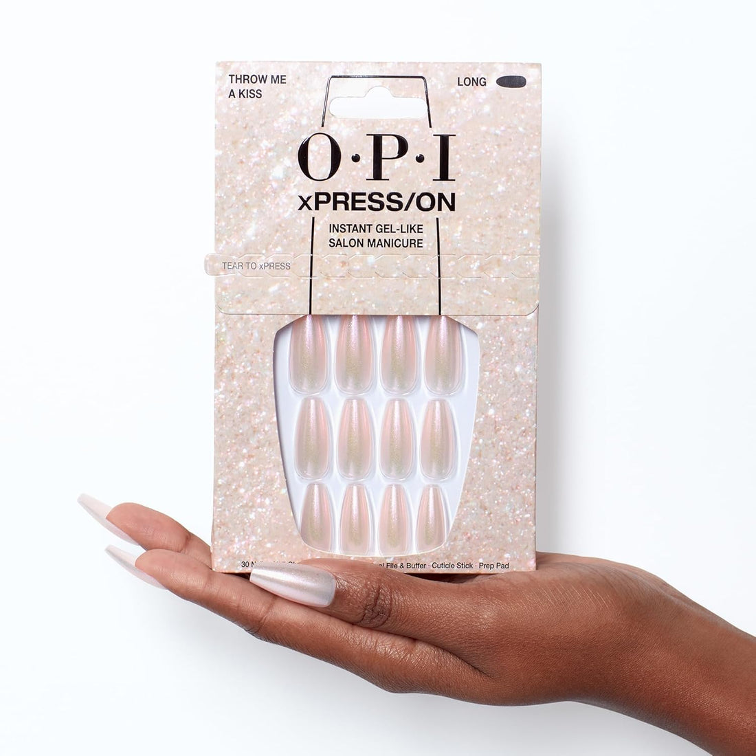 OPI xPRESS/ON Throw Me a Kiss | Soft Pink Long Coffin Press On Nails | With Nail Glue | Long Lasting, Reusable, Non-damaging
