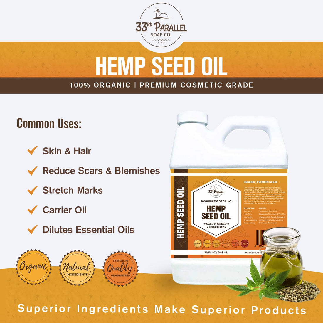 Organic Hemp Seed Oil (8 oz) Premium Cold Pressed Unrefined | 100% Pure Hemp Seed Oil for Skin, Face, Hair, Soap Making, Massage | Carrier for Essential Oils | Available in Bulk | 8 FL OZ