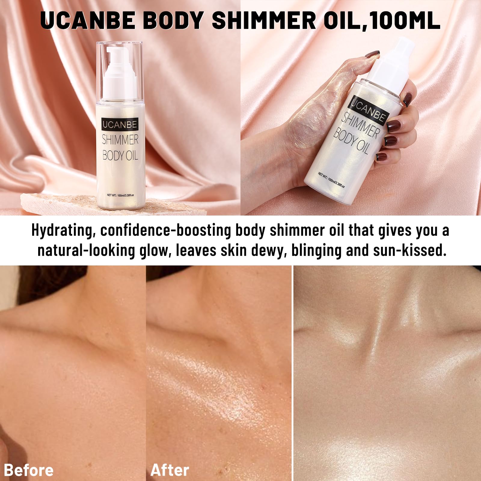 UCANBE Body Shimmer Oil 100ml, Moisturizing Face Body Glow Glitter Oil, Waterproof Shimmering Body Luminizer Liquid Illuminator Highlighter, Tinted Shimmer Body Lotion Glowing Bronzer Makeup(Silver)