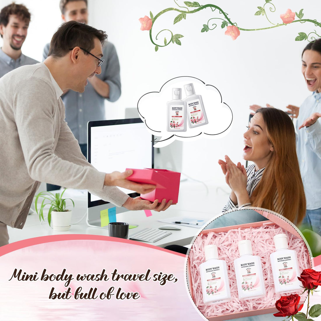 Swiffen 12 Pack Travel Size Body Wash Bulk 1 oz Mini Moisturizing Body Wash for Women Men Coworker Birthday Christmas Mothers Day Teacher Nurse Gift (Rose)