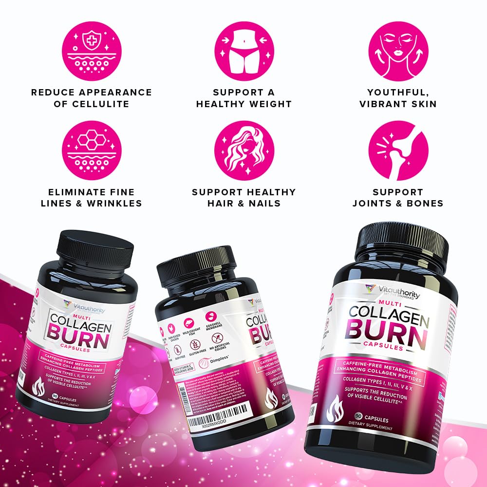 Multi Collagen Burn: Multi-Type Hydrolyzed Protein Peptides with Hyaluronic Acid, Vitamin C, SOD B Dimpless, Types I, II, III, V and X, Caffeine-Free (Unflavored Capsules)