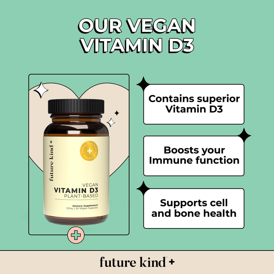 Future Kind Vegan Vitamin D3-2500 IU Plant-Based Supplement for Cell & Immune Support - Sugar-Free, Lichen-Based Vitamin D (30 Softgels in Glass Bottle)