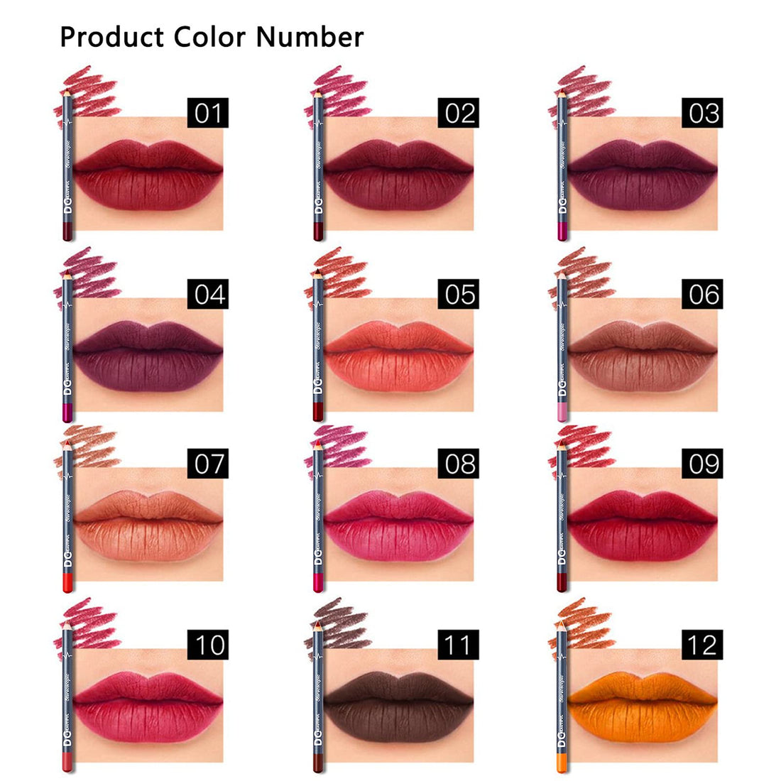 DC-BEAUTIFUL Profiling and Beauty Waterproof Non-Marking Matte Velvet Lip Liner Pencil Lipstick - Set of 12 Colours