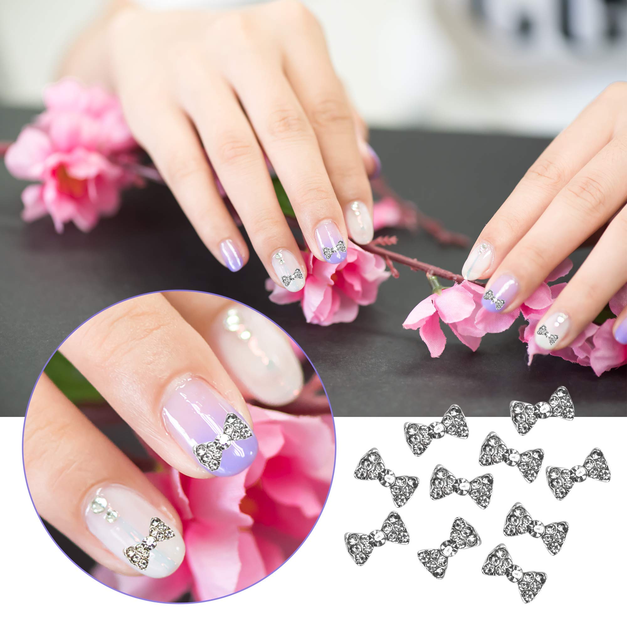 AUEAR, Charming 3D Nail Art Charms Bow Tie Rhinestones Crystal Pendant Decals DIY Decoration for Women Nail Art Beauty Design Jewelry Craft (Silver, 40 Pack)