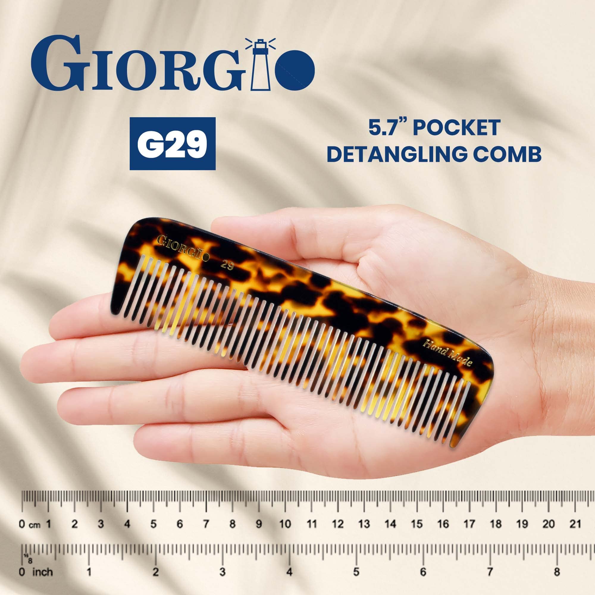 Giorgio G29 All Coarse Hair Detangling Comb Wide Teeth Pocket Comb for Thick Curly Wavy Hair. Hair Detangler Comb for Grooming Styling Hair, Beard and Mustache. Handmade Saw-Cut and Hand Polished