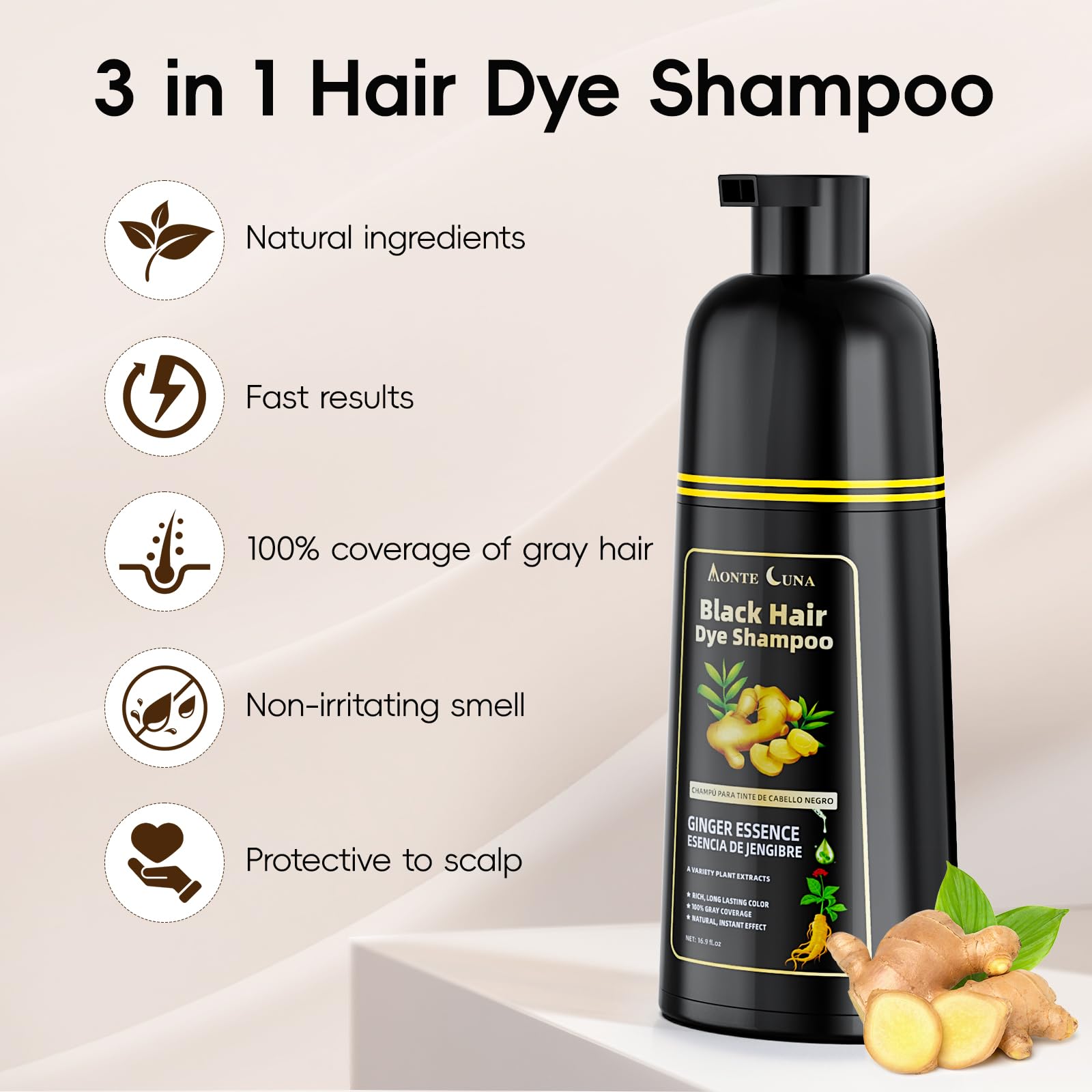 IIIMEIDU Black Hair Dye Shampoo 3 in 1, Natural Hair Dye Semi Permanent Hair Color, Gray Hair Cover Up, Ginger Essence shampoo for Color Treated Hair for Women and Men (500ml)
