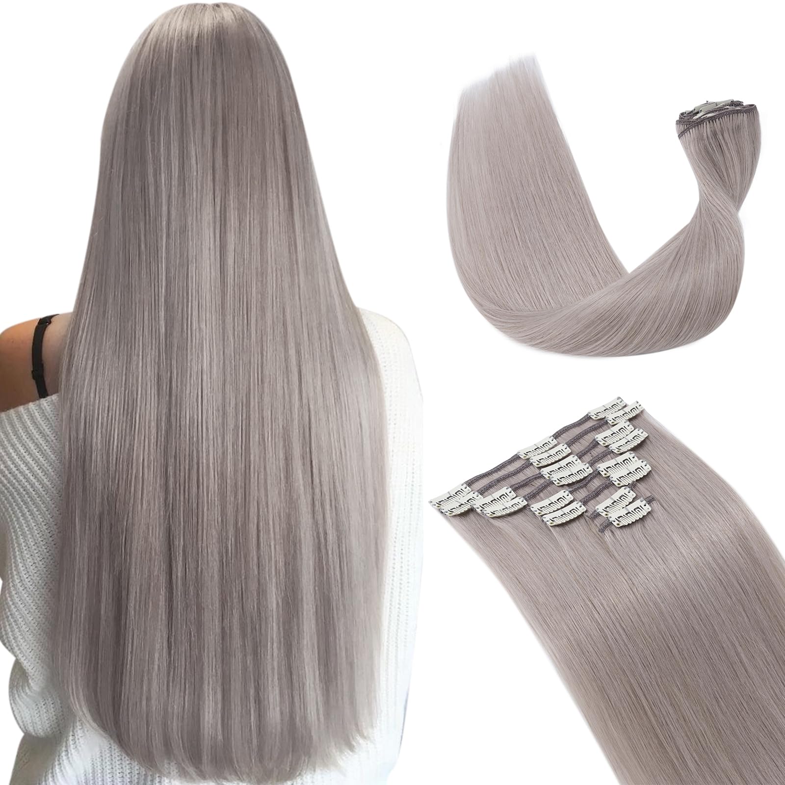 Hairro Clip in Hair Extensions 100% Human Hair Thin Grey 12 Inch Short Straight Human Hair Clip on Hairpieces 55g Machine Weft 8pcs 18 Clips for Women