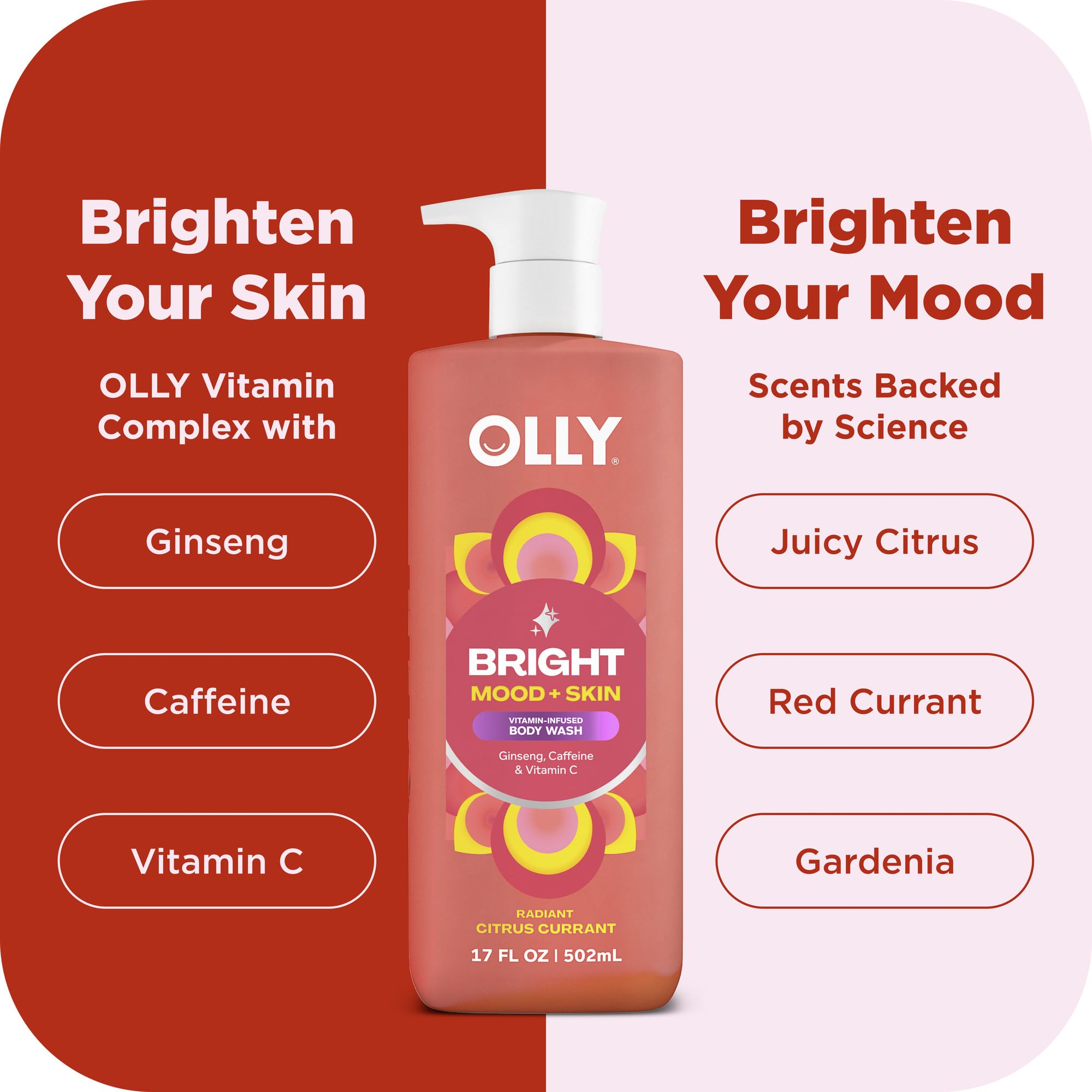 OLLY Bright Body Wash with Ginseng, Caffeine & Vitamin C– Nourishing Cleanser for Skin Barrier Repair, Deep Hydration, Citrus Currant Scent, 17 oz