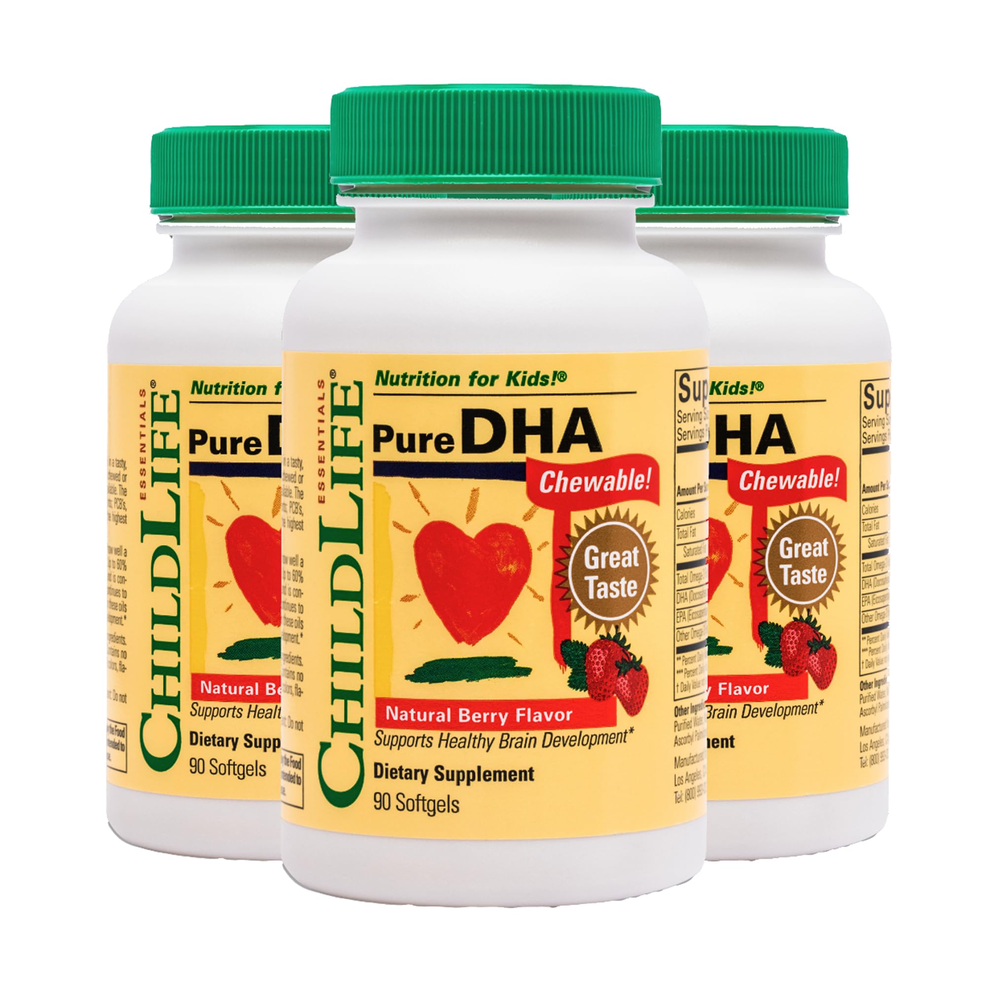 CHILDLIFE ESSENTIALS Pure DHA for Kids - DHA Supplements, DHA EPA Omega 3 Supplement, Children DHA Chewables, Baby DHA, Fish Oil for Toddlers, Gluten Free - Natural Berry, 90 Softgels (Pack of 3)
