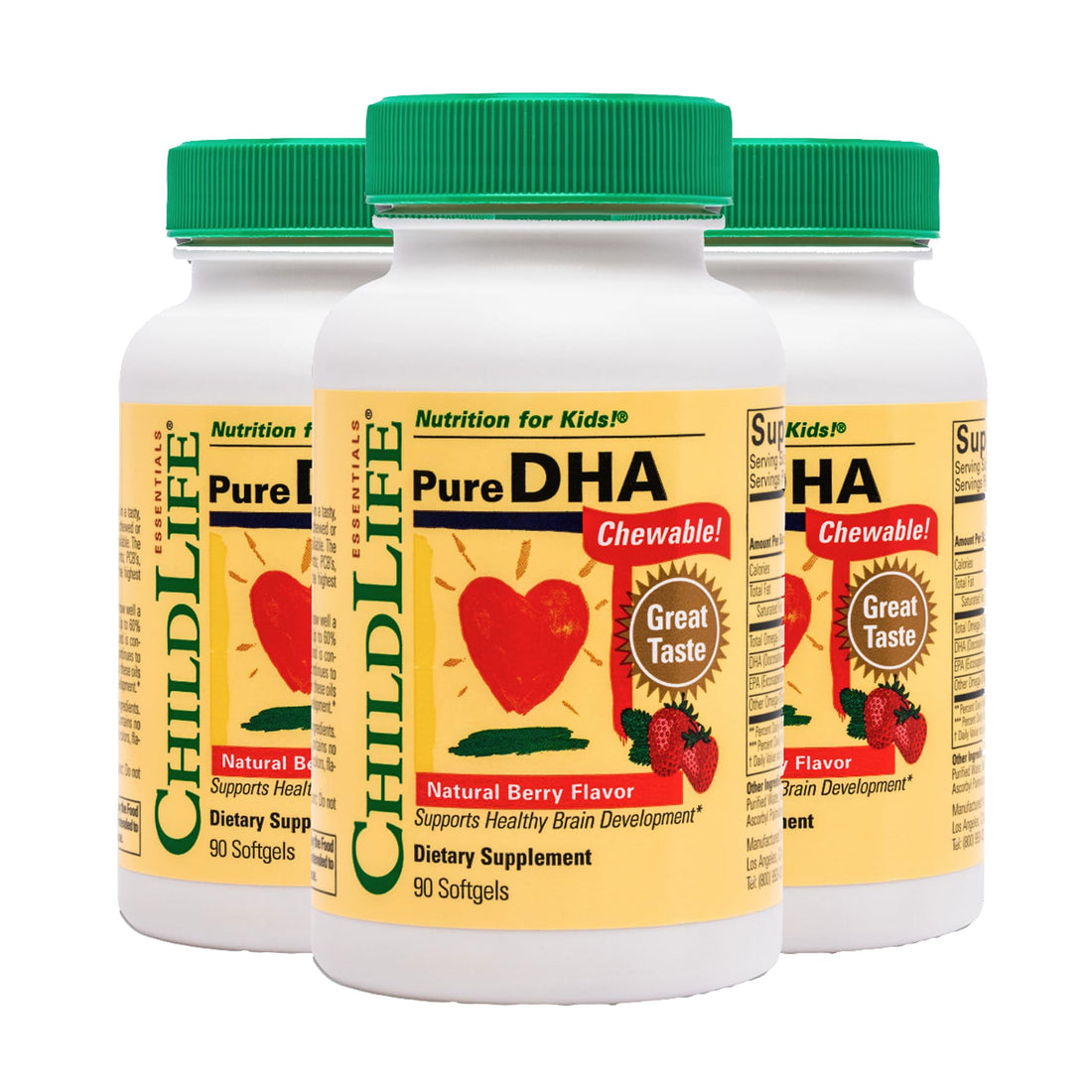 CHILDLIFE ESSENTIALS Pure DHA for Kids - DHA Supplements, DHA EPA Omega 3 Supplement, Children DHA Chewables, Baby DHA, Fish Oil for Toddlers, Gluten Free - Natural Berry, 90 Softgels (Pack of 3)