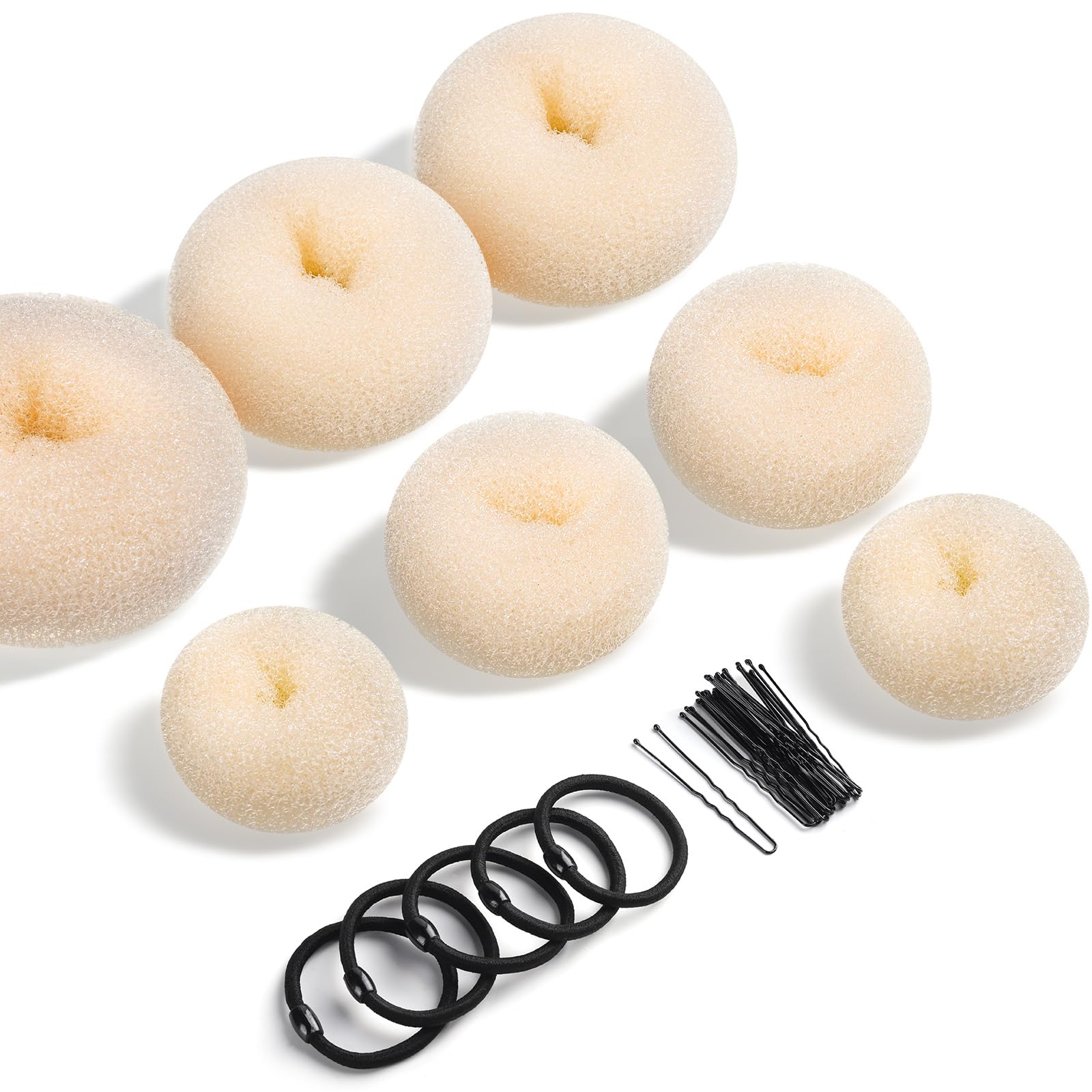 Donut Bun Maker, Teenitor Hair Bun Donut Maker Ring Style Bun Maker Set - 7 Buns Shaper & 5 Bands & 20 Bobby Pins For Chignon Hair Styles Ballet Dance Beige (2 Small 2 Medium 2 Large 1 Extra-large)