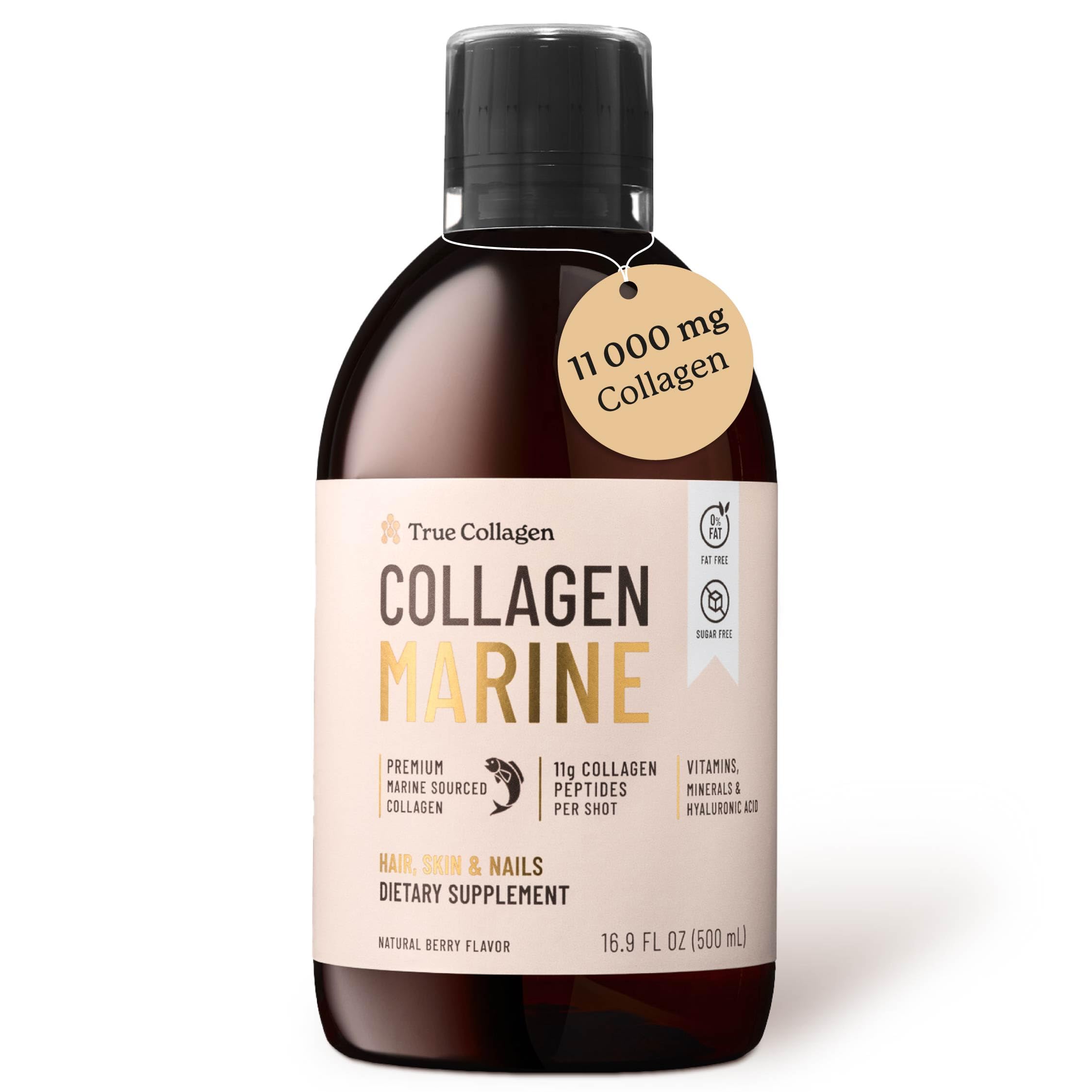 True Collagen Marine | 11,000 mg Hydrolyzed Collagen Liquid Supplement - 500 ml, 20 Day Supply | Hyaluronic Acid, Biotin and Vitamin C to Support Healthy Hair, Skin and Nails | Sugar-Free & Fat-Free