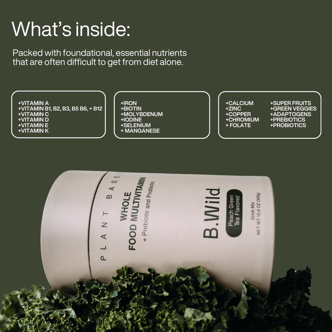 Multivitamin Drink Mix | B.Wild Plant Based Antioxidant Drink | Prebiotics and Probiotics for Digestive Health - Peach Green Tea Flavor - 300 g, 30 Day Supply