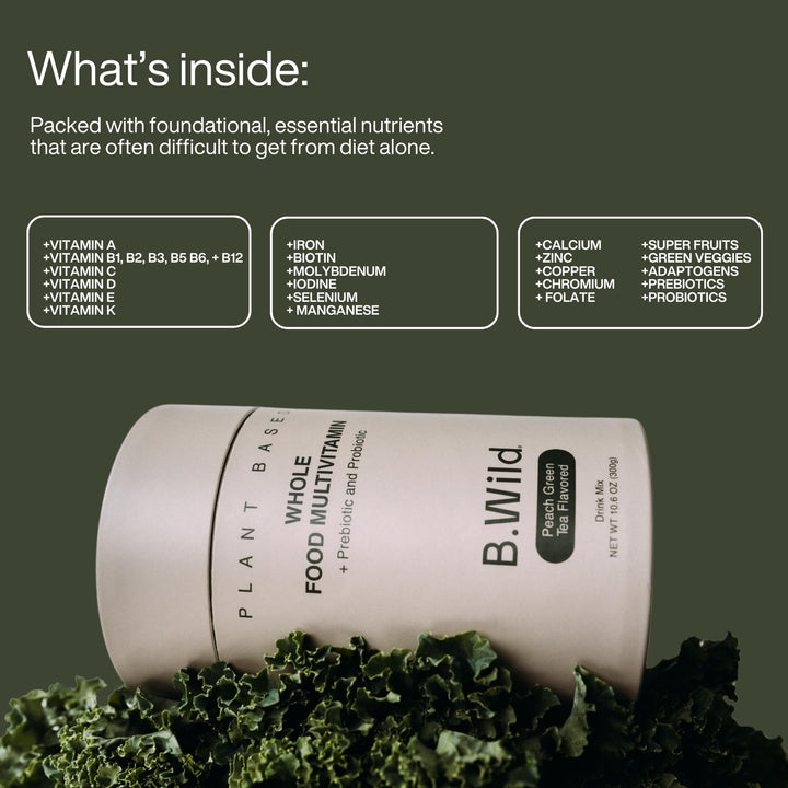 Multivitamin Drink Mix | B.Wild Plant Based Antioxidant Drink | Prebiotics and Probiotics for Digestive Health - Peach Green Tea Flavor - 300 g, 30 Day Supply